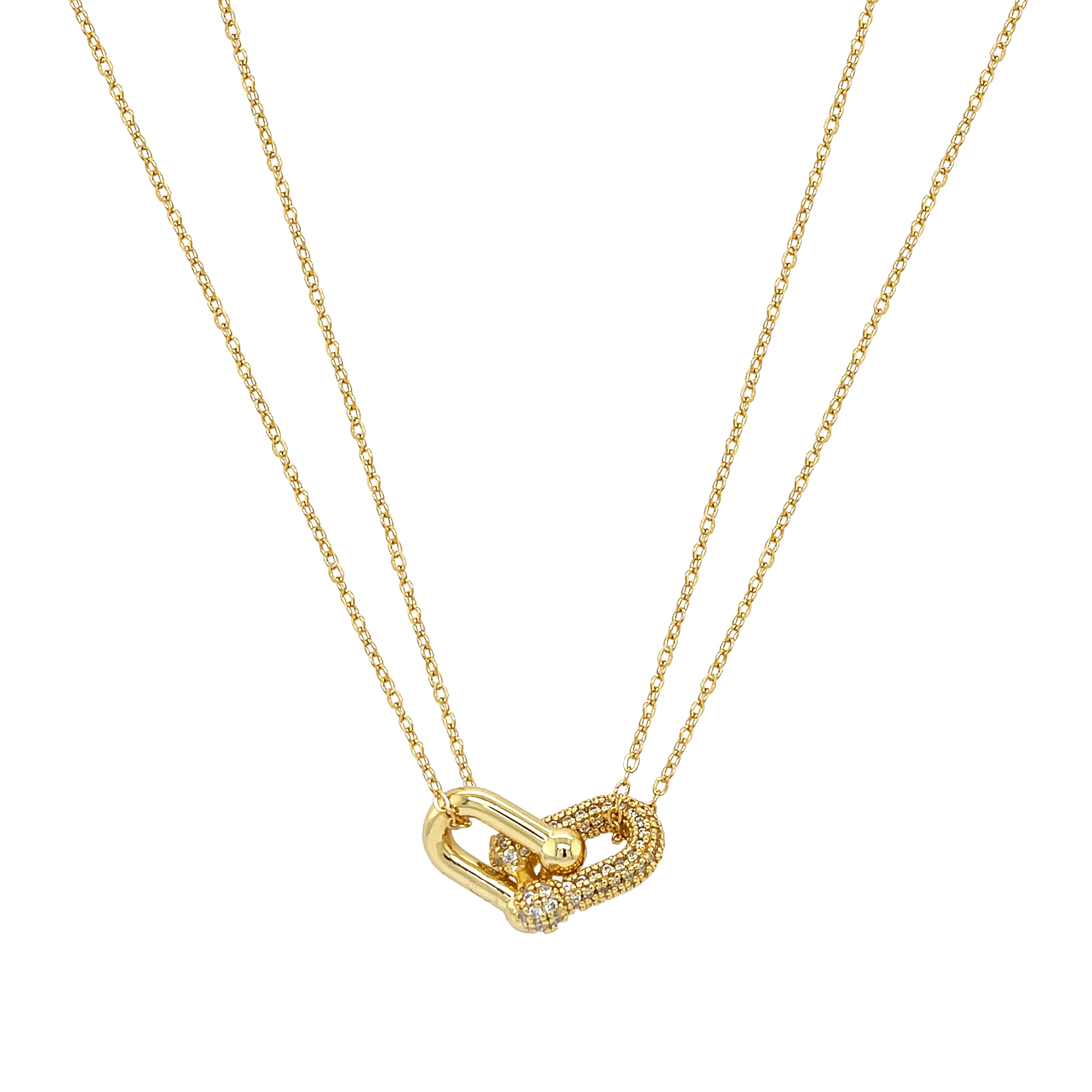 CZ Link Bar Pendant Double Chain Necklace
Yellow Gold Plated Over Silver
Link Pendant: 0.75" Wide
16-18" Adjustable Length