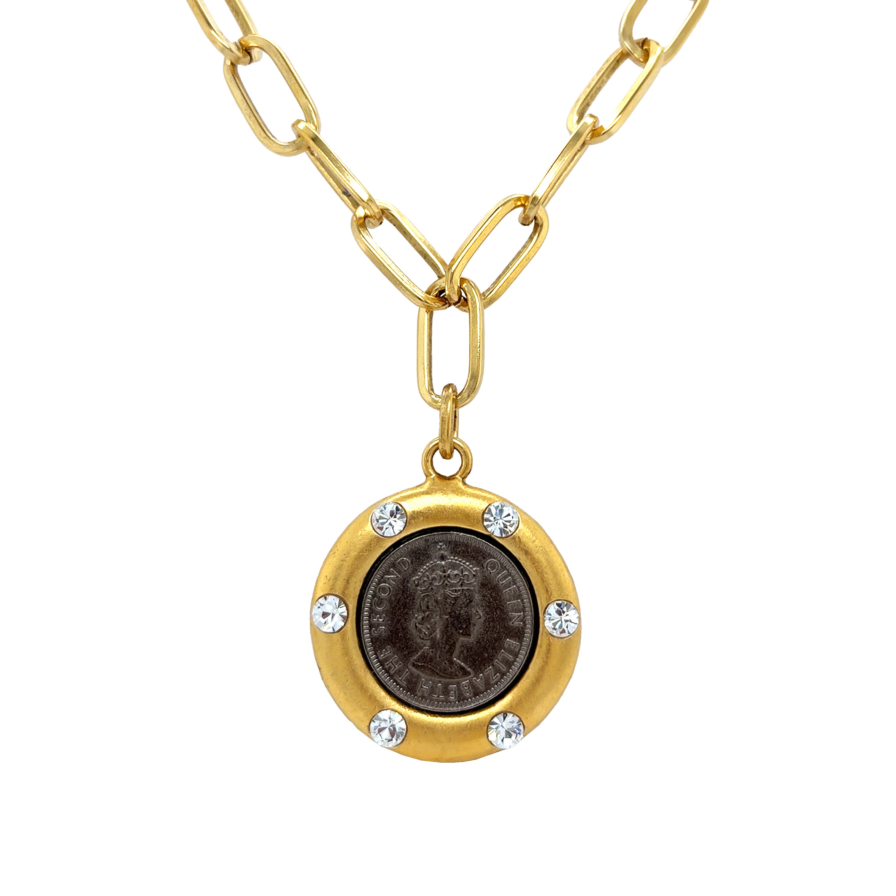 Gold necklace with a round coin pendant featuring a coin and small crystals on a white background