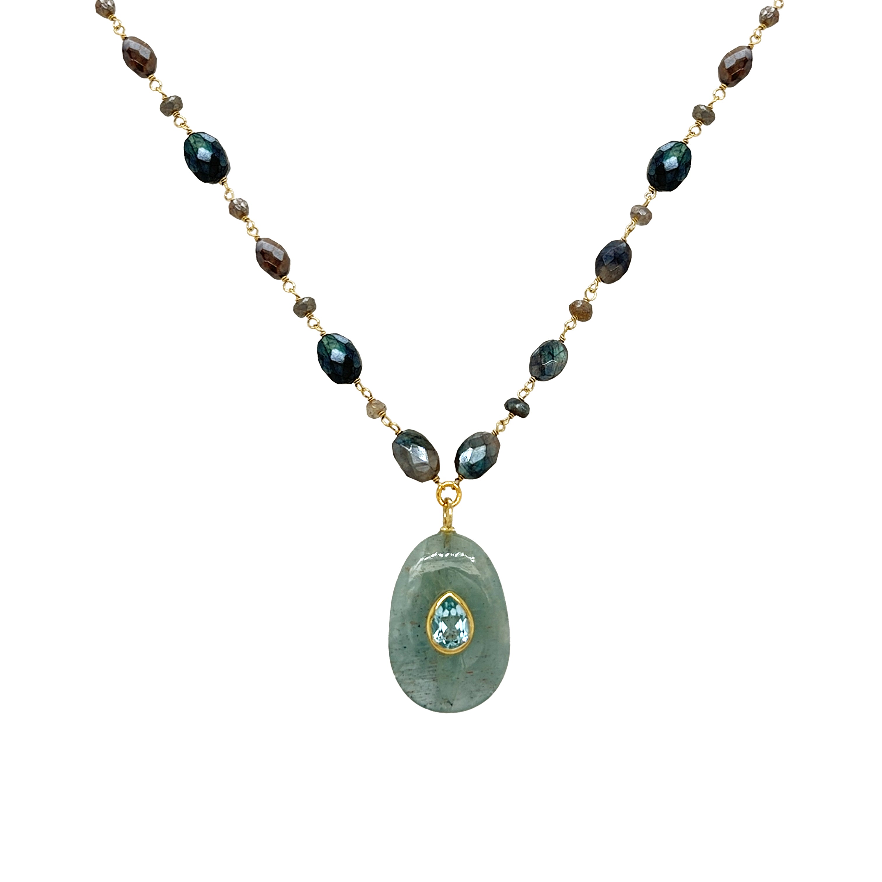 Aquamarine Pendant, Blue Topaz Bezel with Labradorite Wire Chain Necklace
Add a touch of magic to your jewelry collection. This stunning drop necklace features a captivating Aquamarine stone paired with the iridescent, multi-tonal glow of Labradorite beads. Texture-rich and full of character, it’s designed to stand out on its own or add depth to a curated gold stack.