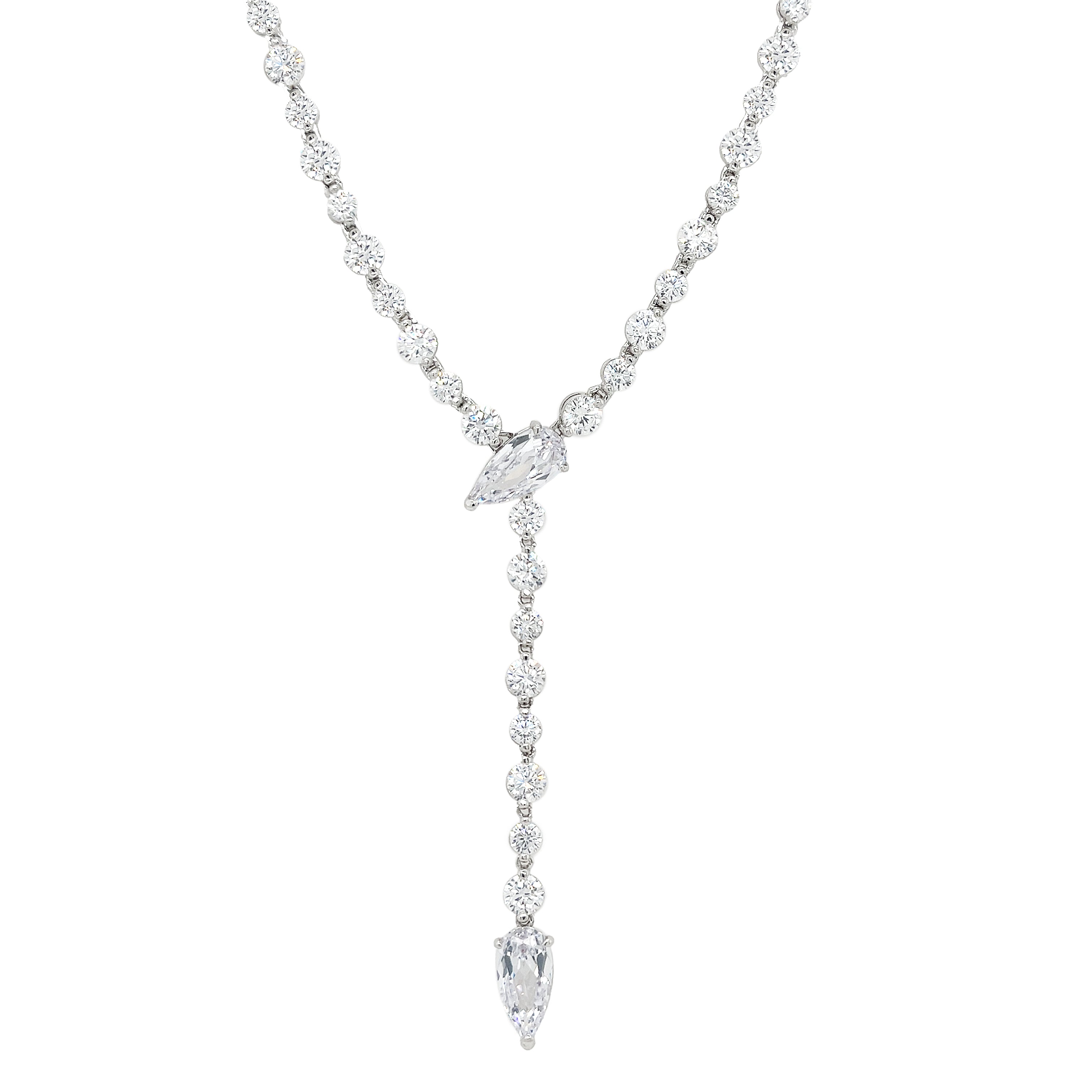 White gold plated tennis lariat necklace with pear shaped drop pendant