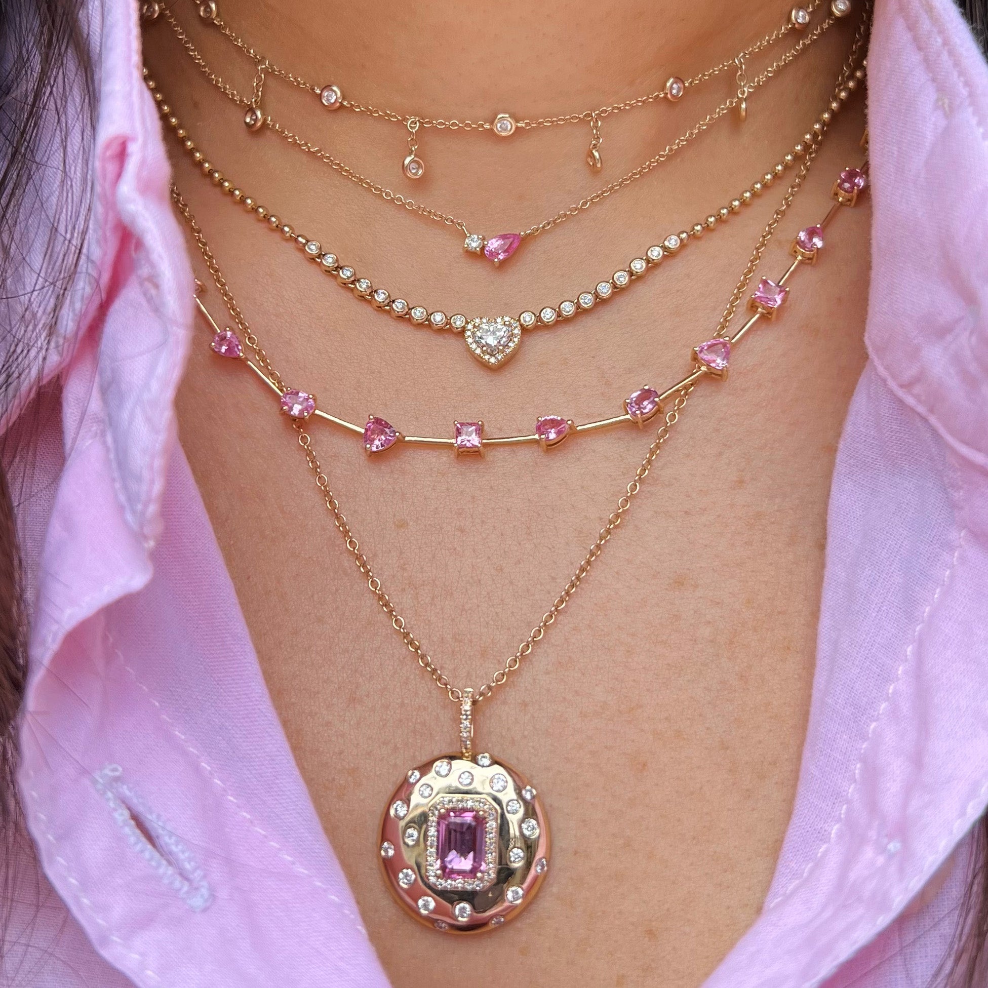 Diamond & Pink Sapphire Teardrop Necklace 14K Yellow Gold Chain: 16-18" Length Design: 0.30" Length X 0.15" Width