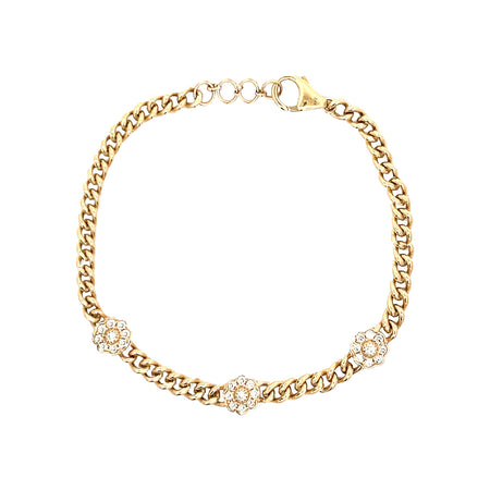 3 Diamond Flower Station Curb Link Bracelet  14K Yellow Gold  0.40 Diamond Carat Weight  7" Length 