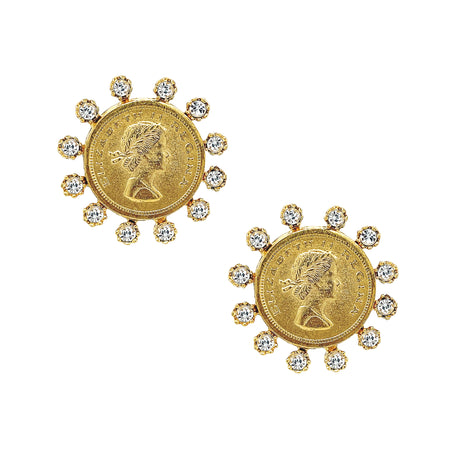 CZ Coin Clip On Earrings  Yellow Gold Plated 1.22" Wide