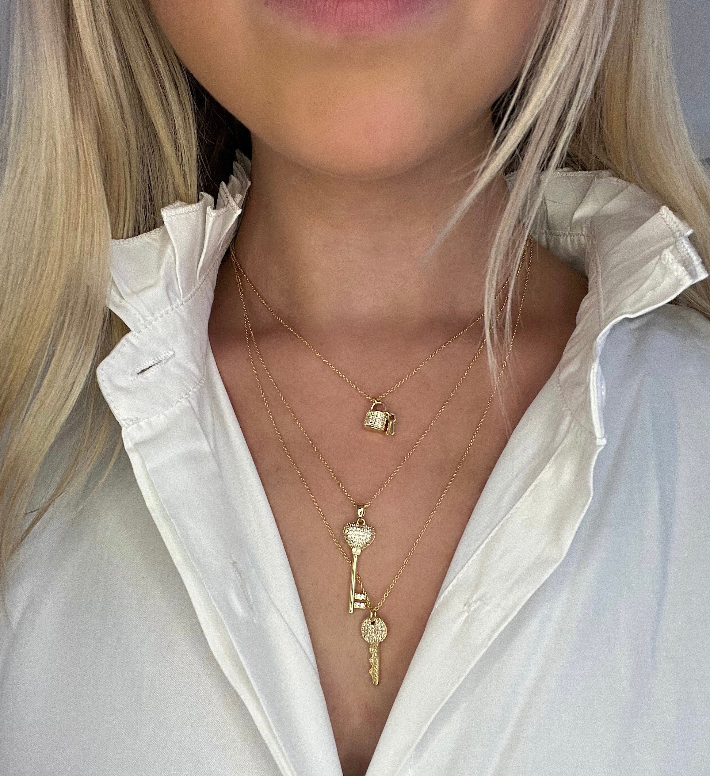 Lock and Key Triple Layer Necklace Yellow Gold Plated Cubic Zirconia 16-18" Length