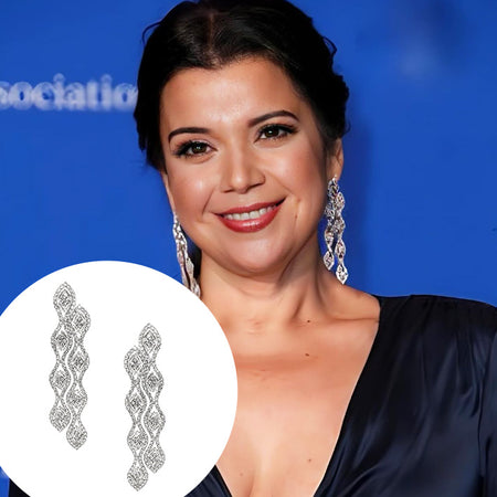 Pave Crystal Long Wavy Earrings&nbsp;  White Gold Plated&nbsp; Cubic Zirconia&nbsp; 3.53" Length X 0.70" Width Pierced  As worn by Ana Navarro-Cárdenas at the White House Correspondents Dinner.