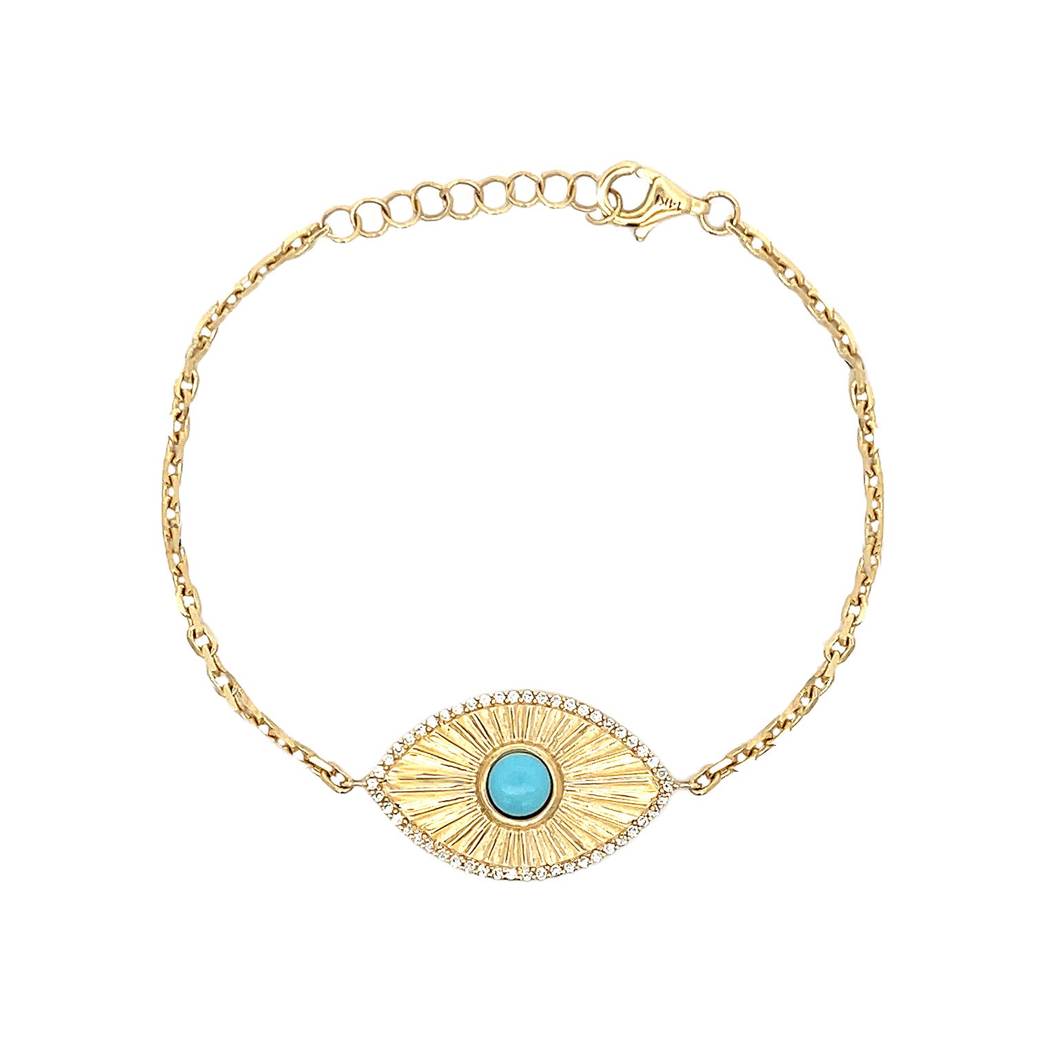 Turquoise & Diamond Eye Chain Bracelet 14K Yellow Gold 0.19 Diamond Carat Weight 0.43 Turquoise Carat Weight Eye: 1.0" Length x 0.5" Width