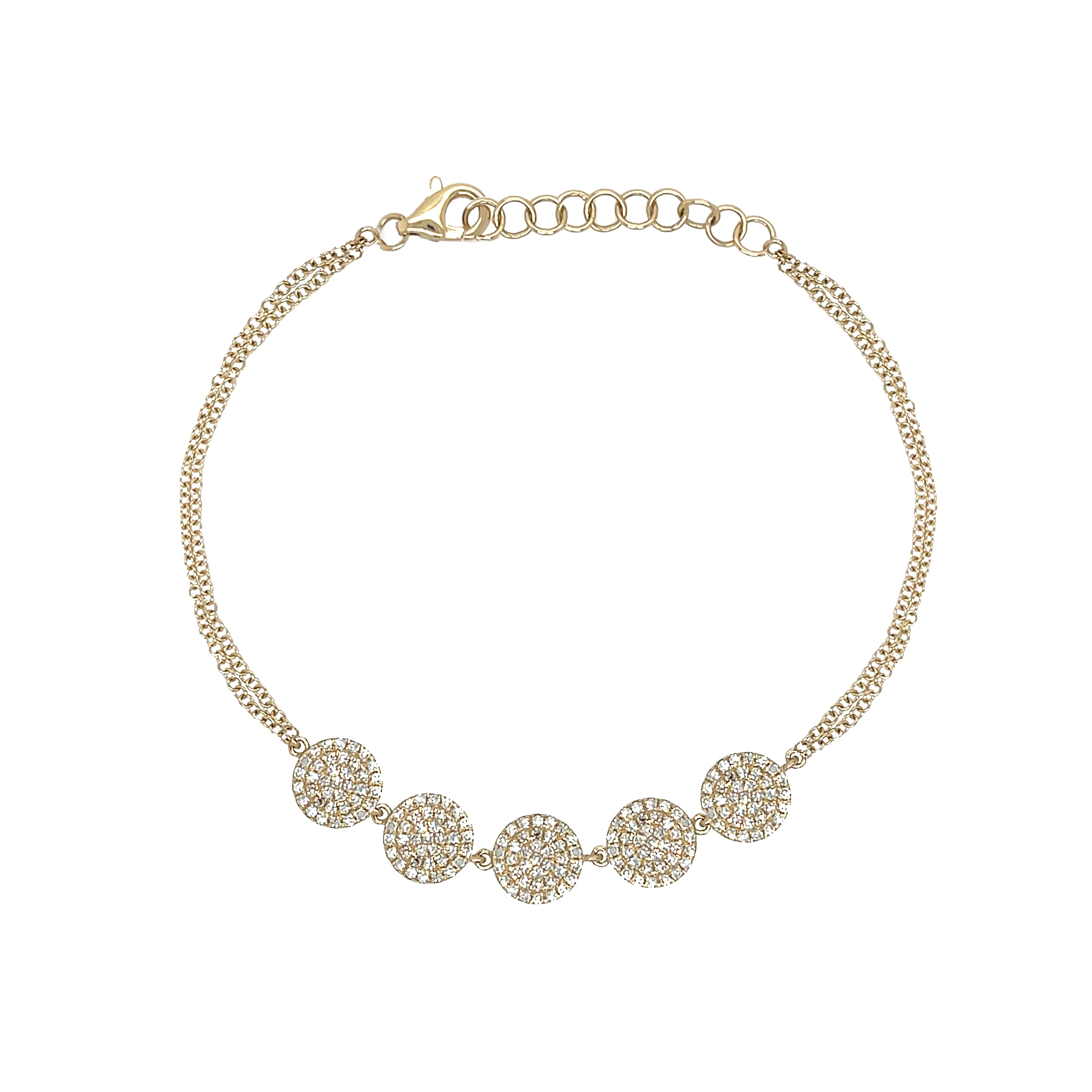 Pave Diamond 5 Disc Bracelet
This Diamond Disc Bracelet features a minimalist design adorned with delicate pavé diamonds, creating a subtle yet chic shimmer. It's refined simplicity makes it an elegant accessory that effortlessly enhances any outfit, perfect for those who appreciate understated luxury with a modern touch.
14K Yellow Gold
0.50 Diamond Carat Weight
Discs: 0.26" Wide
5 Discs Length: 1.65"
6-7" Adjustable Length