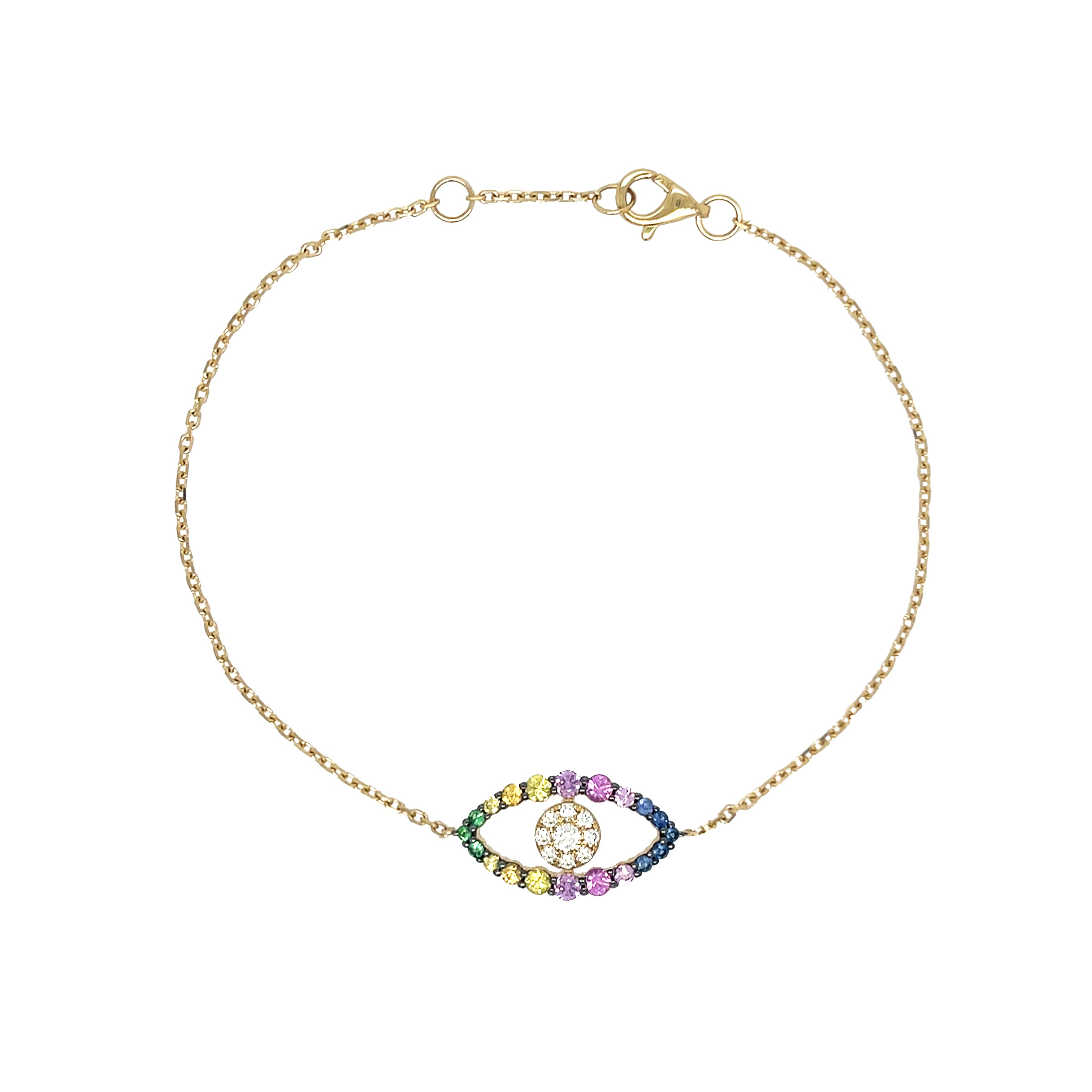 Diamond & Mixed Sapphire Evil Eye Bracelet
Dazzle everyone with our Diamond & Sapphire Eye Bracelet. The colorful gemstones will make your wrist shine, adding an eye-catching pop of color to any outfit.
14K Yellow Gold
0.17 Diamond Carat Weight
0.30 Sapphire Carat Weight
6.5-7" Adjustable Length 