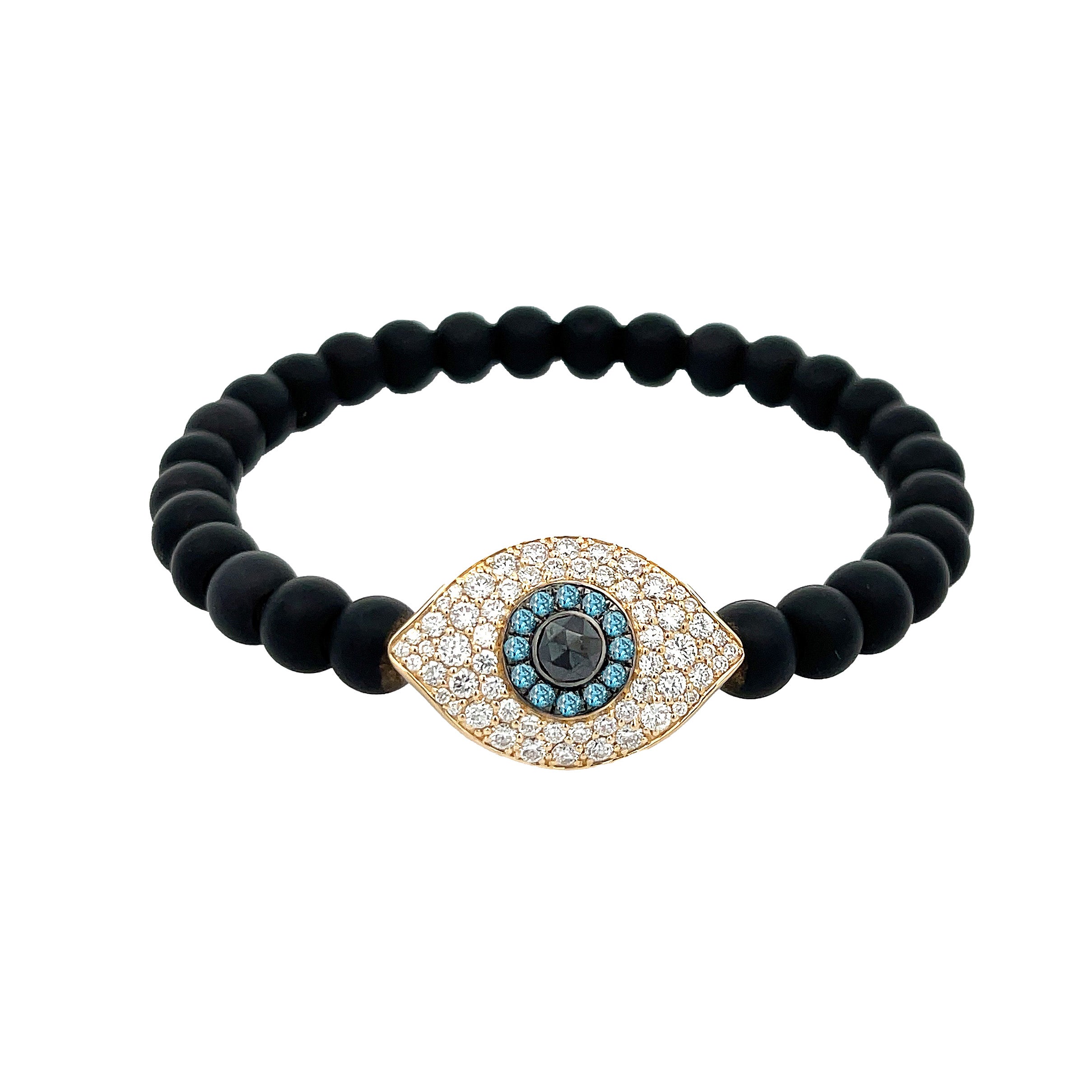 White, Blue, & Black Diamond Evil Eye Black Onyx Bead Bracelet 14K Yellow Gold 1.04 Diamond Carat Weight Eye: 0.44" Long X 0.65" Wide Bead: 0.24" Diameter