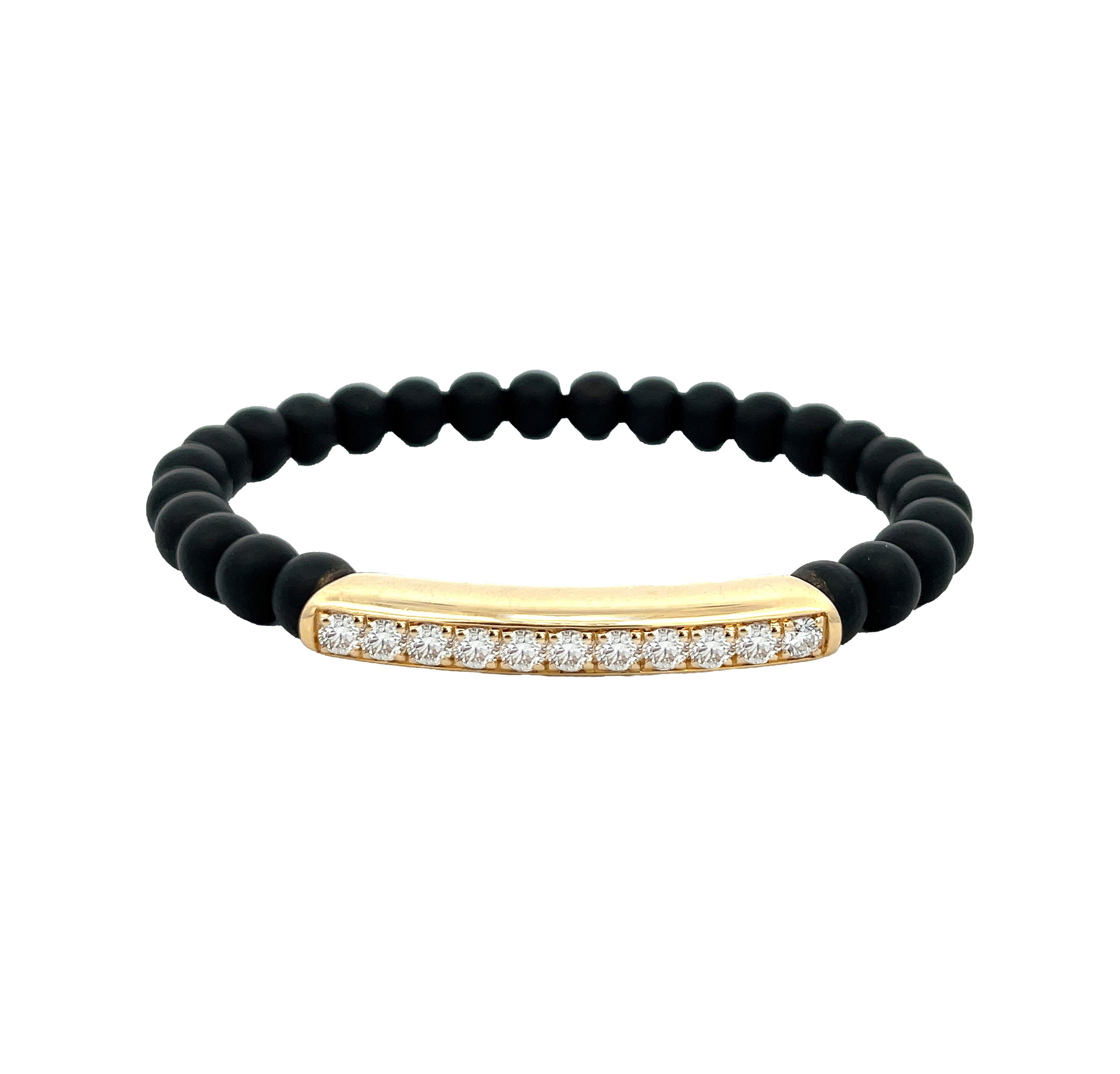 Diamond Bar Black Onyx Bead Stretch Bracelet 14K Yellow Gold 1.14 Diamond Carat Weight Bar: 0.20" Long X 1.40" Wide Bead: 0.24" Diameter