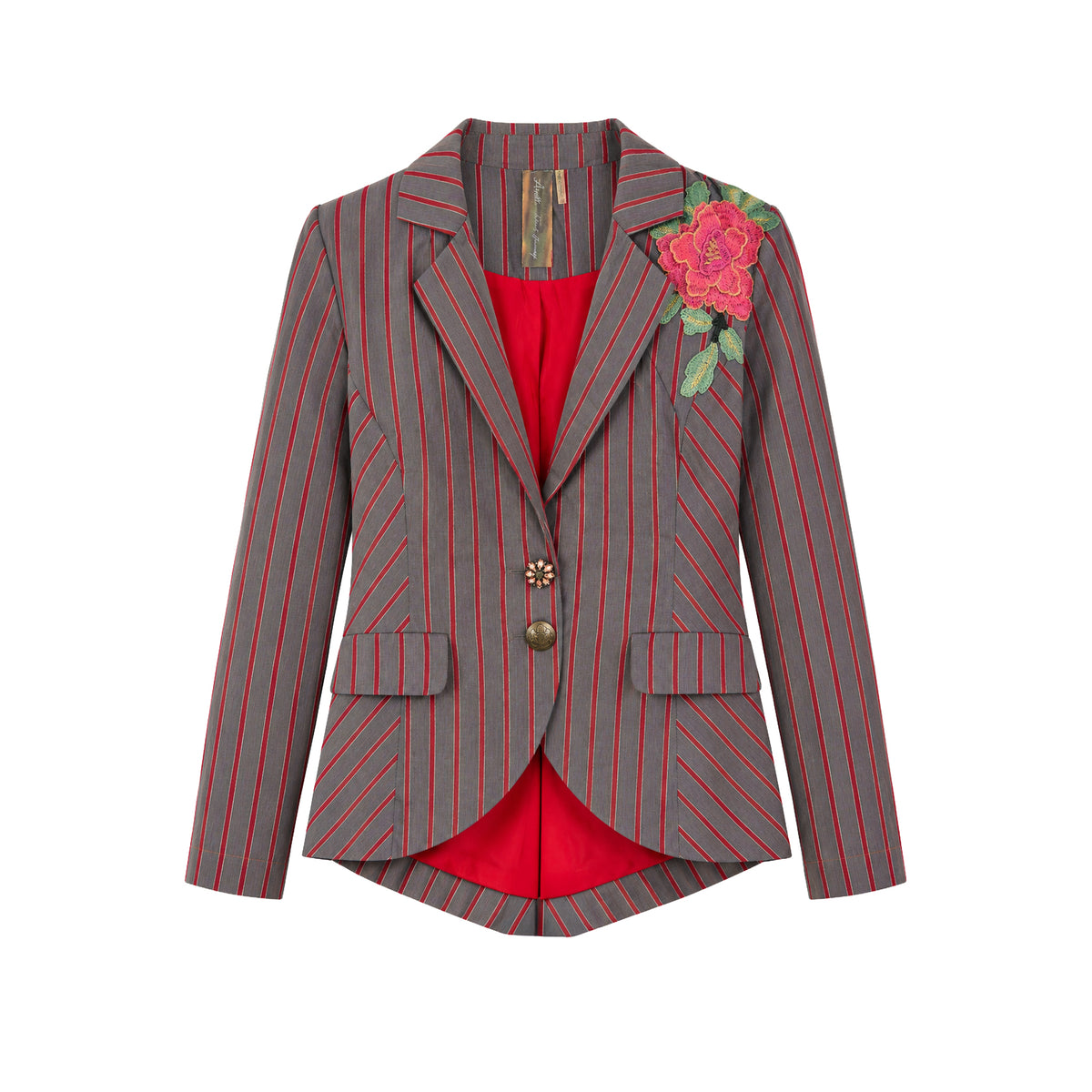 Red Stripes Floral Blazer
A timeless tailored blazer with an artistic twist. Crafted from breathable 100% cotton and finished with a smooth satin lining, this red striped blazer is elevated with beautifully embroidered floral appliqués on both the front and back shoulders. Crystal button detailing and classic flap pockets add a polished finish, making it the perfect statement layer to dress up denim or complete a chic occasion look.
100% Cotton
Tailored Fit