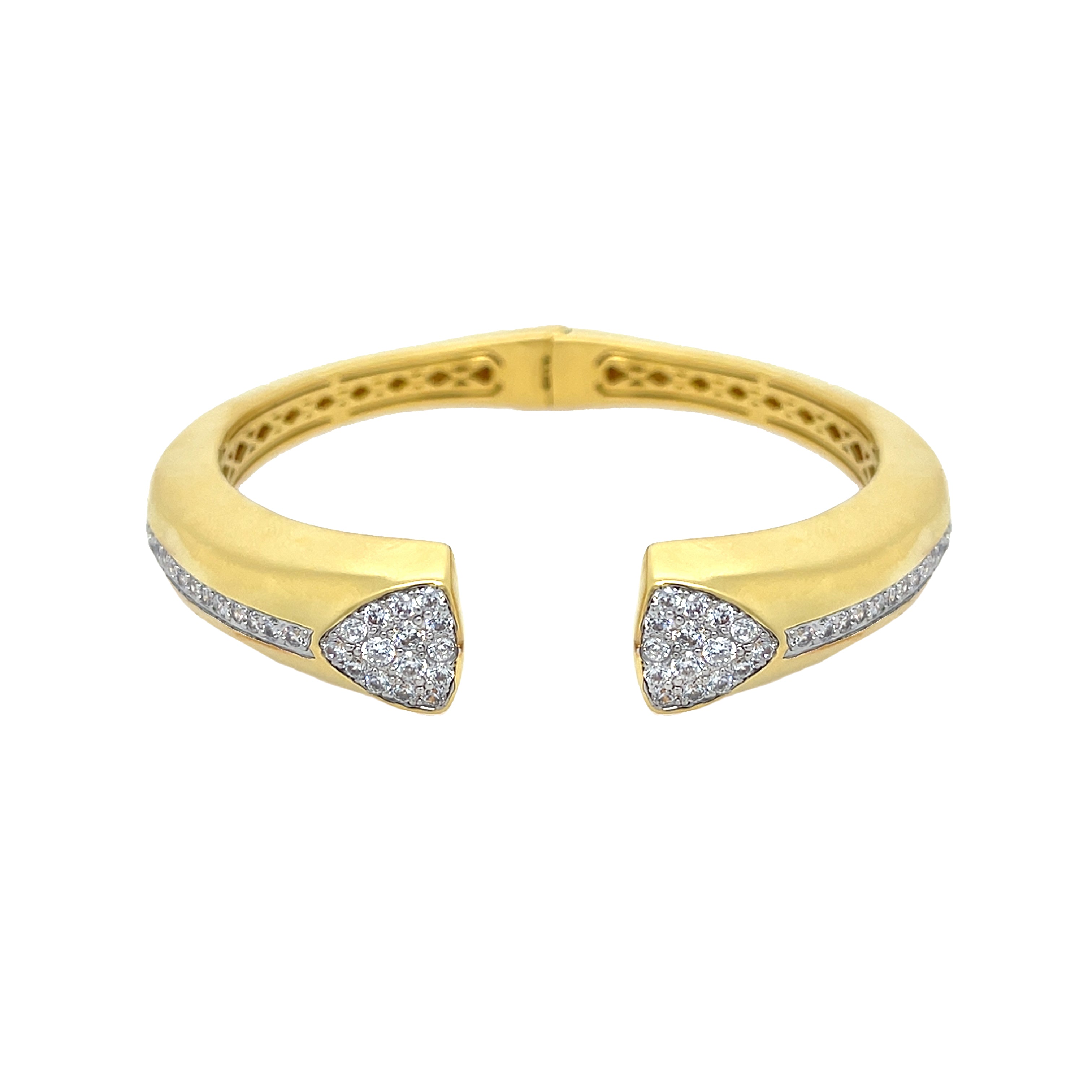 CZ Pave Triangle Tips Hinge Bangle Bracelet
This elegant Hinge Bangle Bracelet features a sleek and stylish design, perfect for adding a touch of sophistication to any outfit. Featuring sparkling pave cubic zirconias, this bracelet provides an edgy and modern look. Its unique hinged closure ensures a secure fit, making it a must-have bangle.
Yellow & White Gold Plating
0.42" Wide
