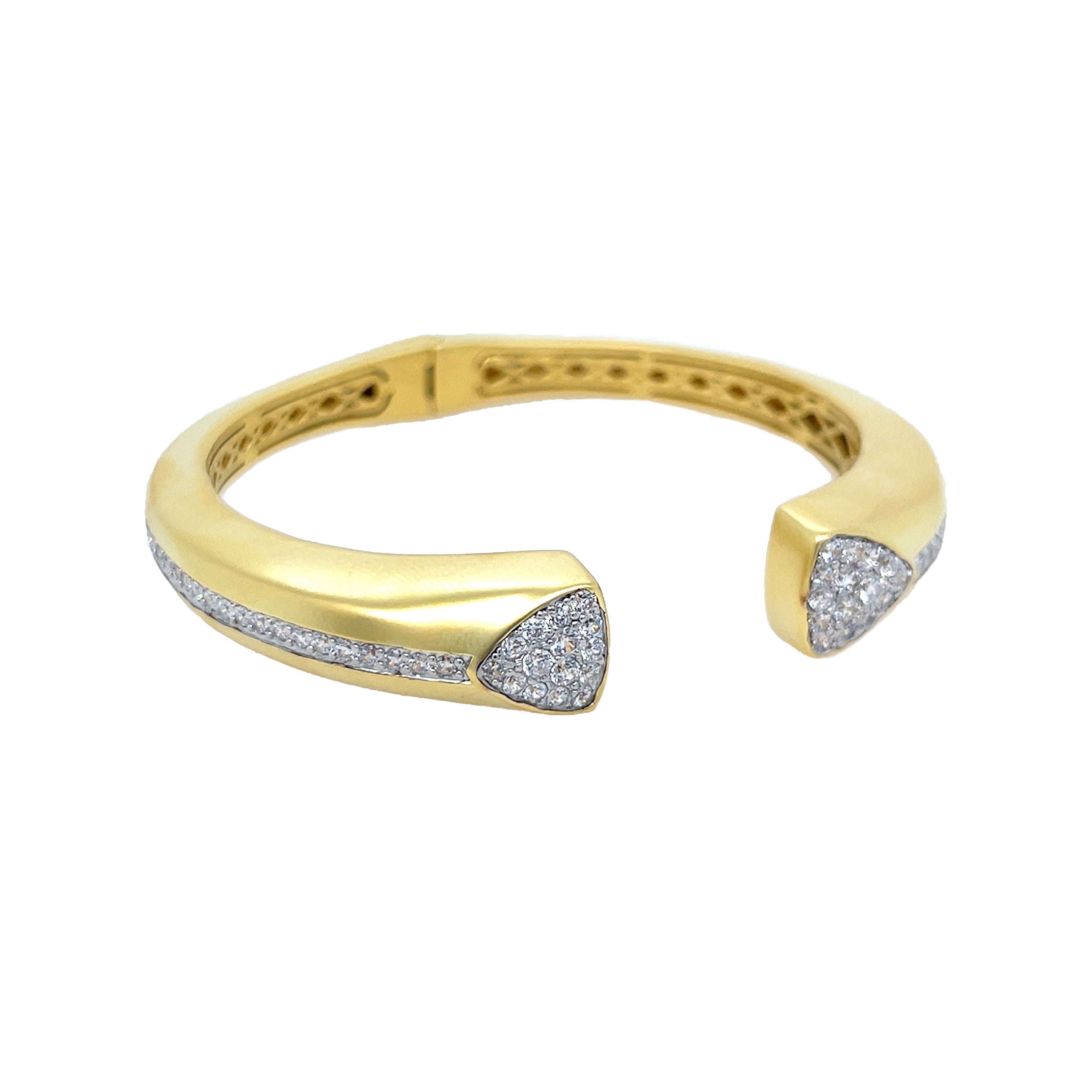 CZ Pave Triangle Tips Hinge Bangle Bracelet
This elegant Hinge Bangle Bracelet features a sleek and stylish design, perfect for adding a touch of sophistication to any outfit. Featuring sparkling pave cubic zirconias, this bracelet provides an edgy and modern look. Its unique hinged closure ensures a secure fit, making it a must-have bangle.
Yellow & White Gold Plating
0.42" Wide