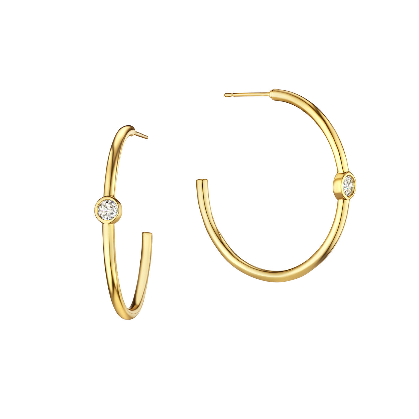 Yellow Gold Bezel Hoop Earrings 14K Yellow or White Gold Plated 1.5 Inch Diameter; 0.06 inches thick High intensity Bezel-set CZs CZs approximately 0.25 cts each Pierced, post backings