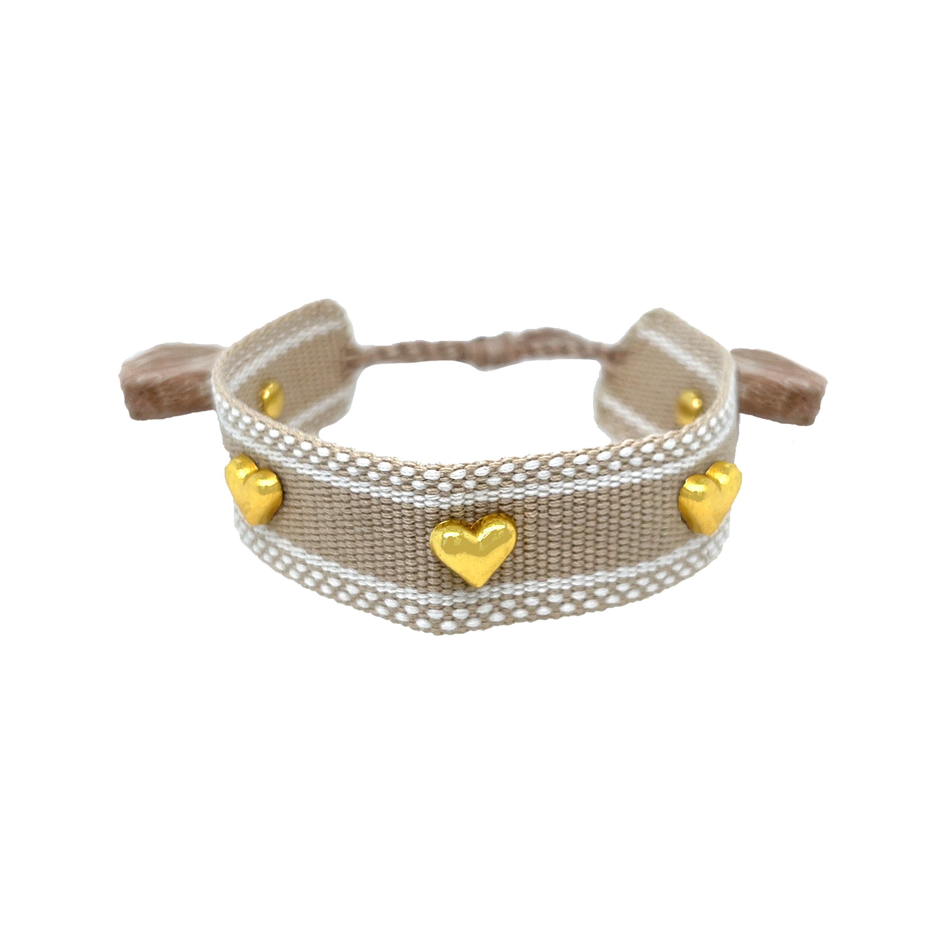 Tan Fabric 5 Heart Bracelet
Yellow Gold Plated
0.75" Width
Adjustable Length
