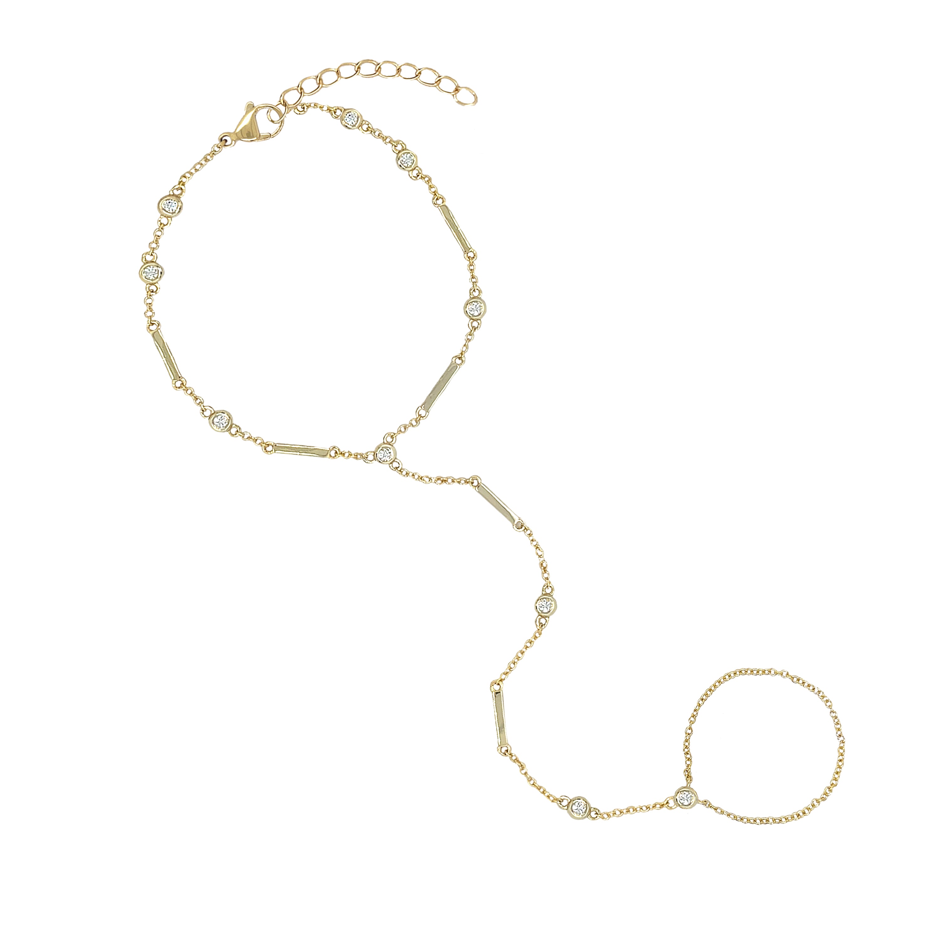 Bar Spaced CZ Bezel Hand Chain Bracelet
This delicate bezel hand chain bracelet offers a minimal yet stylish touch to any outfit. Its dainty design ensures comfort and subtle elegance, perfect for layering or wearing alone. 
Yellow Gold Plated
6.25-8" Adjustable Length