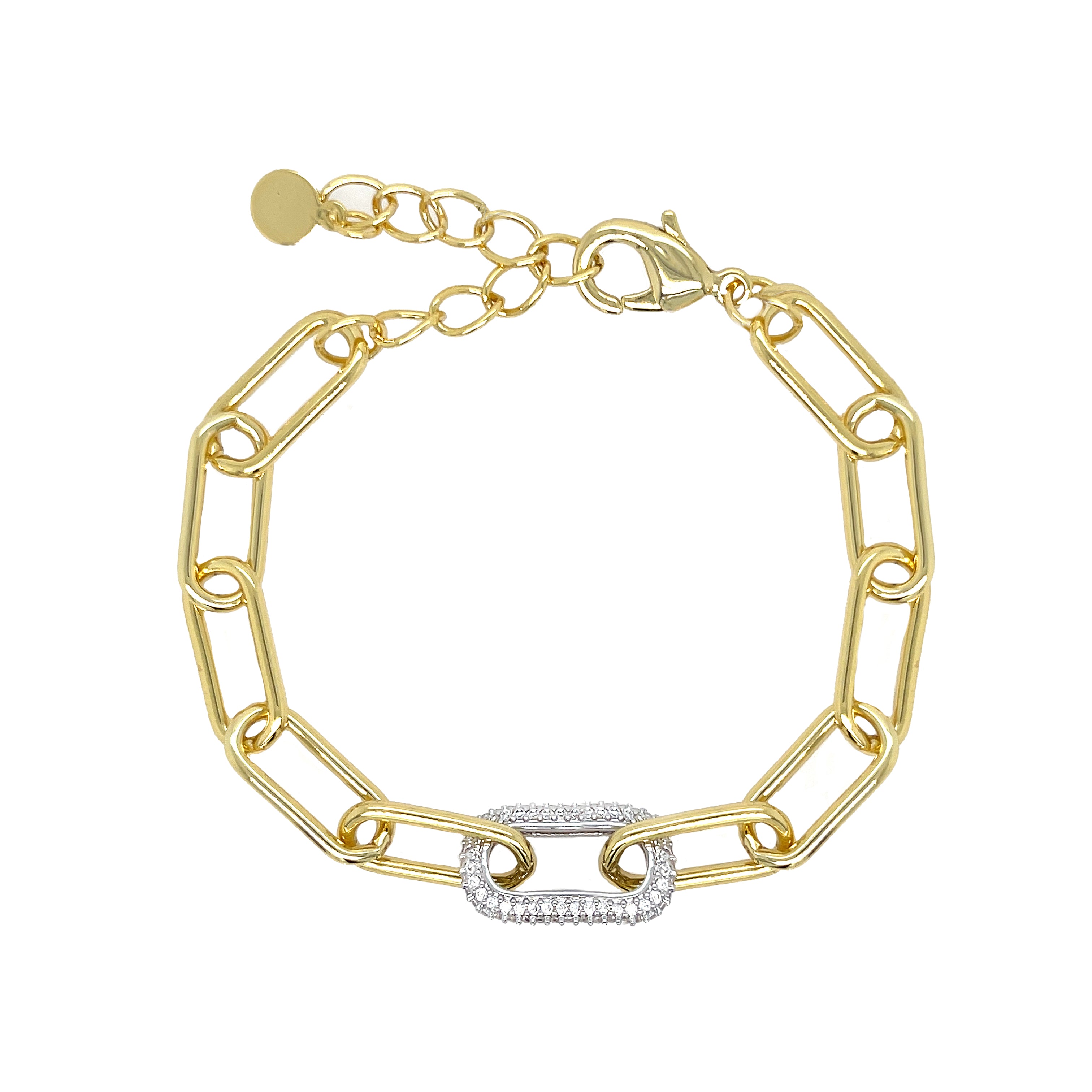 Pave CZ Paperclip Link Bracelet Yellow Gold Plated Pave Link: 0.39" Long X 0.71" Wide Plain Link: 0.28" Long X 0.66" Wide 6.5-8" Adjustable Length