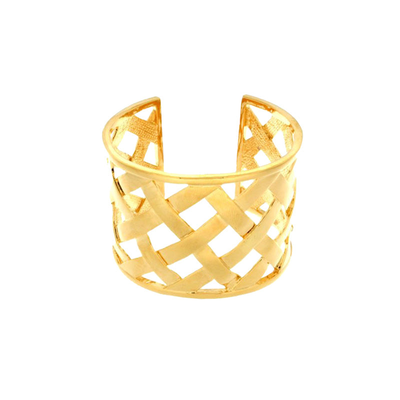 Polished Basket Weave Cuff Bracelet Yellow Gold Plated Oval Shape: 2.24" X 1.92" 1.81" Width Open Cuff As seen on The Today Show with Hoda and Kathie Lee. As seen on Barbara Walters.