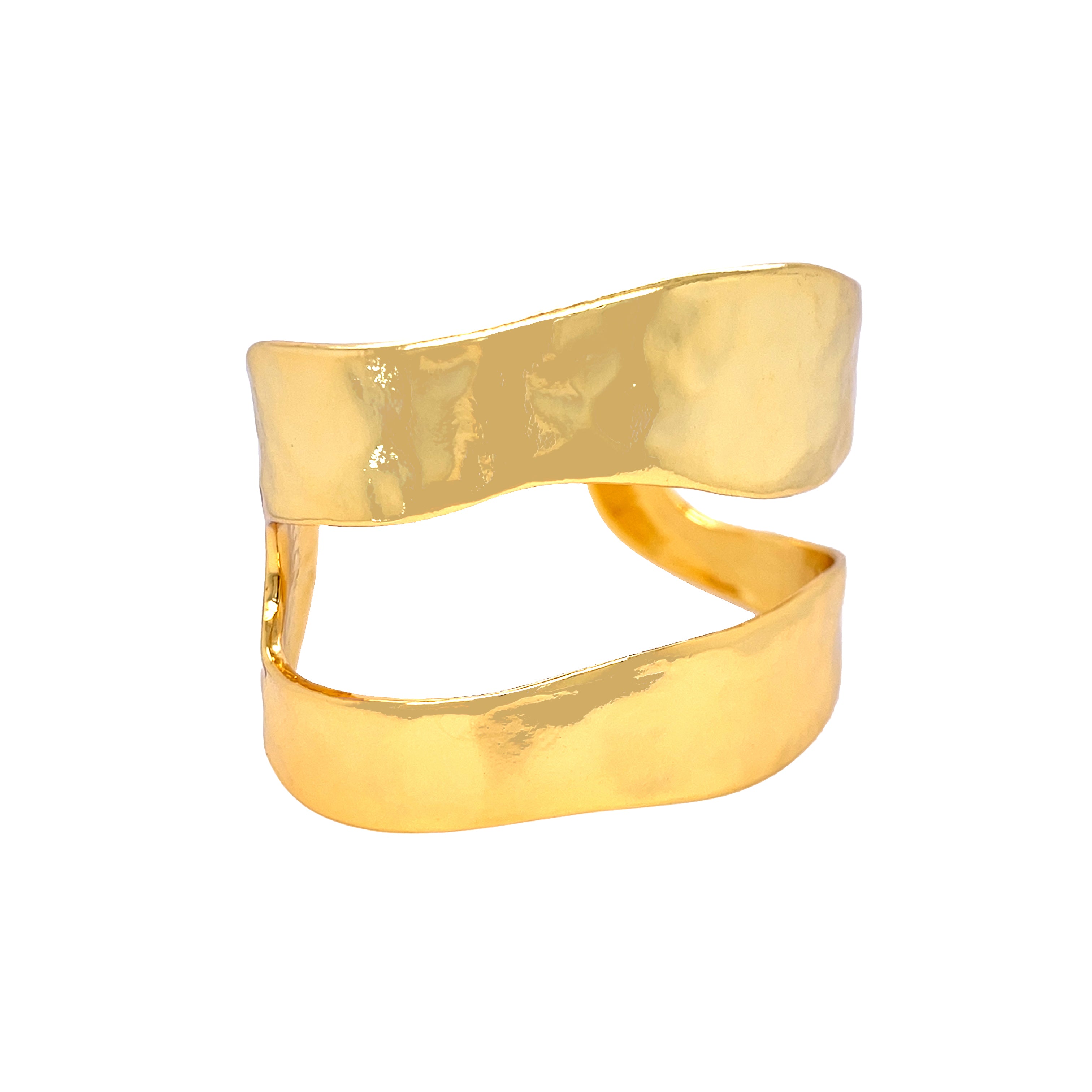 Wavy Hammered Cutout Cuff Bracelet
24K Yellow Gold Plated
Oval Shape: 2.38” X 1.83”
1.65-1.91” Width
Slightly Adjustable Open Cuff