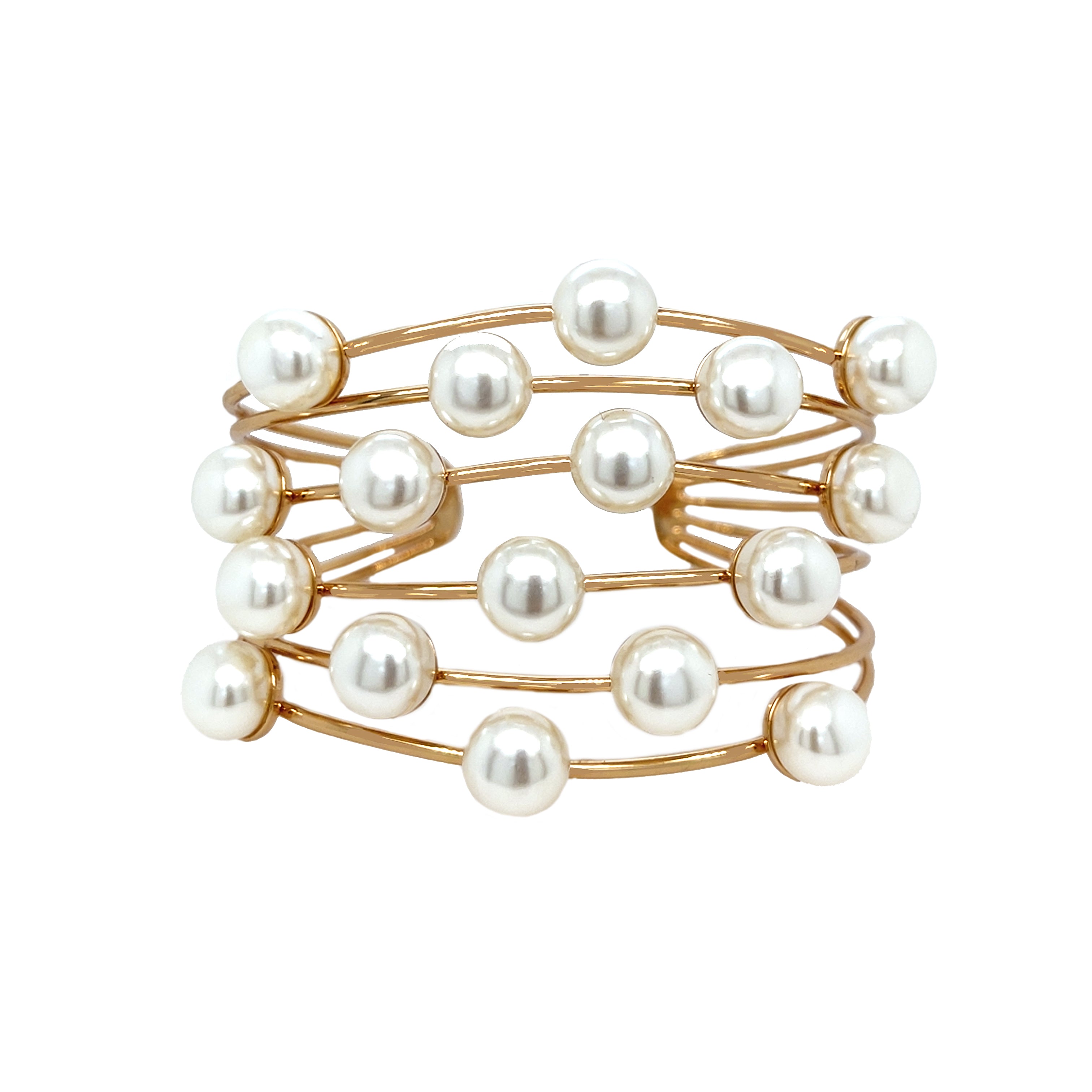 Pearl Wire Cuff Bracelet
This elegant Pearl Cuff Bracelet combines the classic beauty of lustrous pearls with a modern, open cuff design. 
Yellow Gold Plated
Pearl Balls: 0.40" Wide
2.50" Width