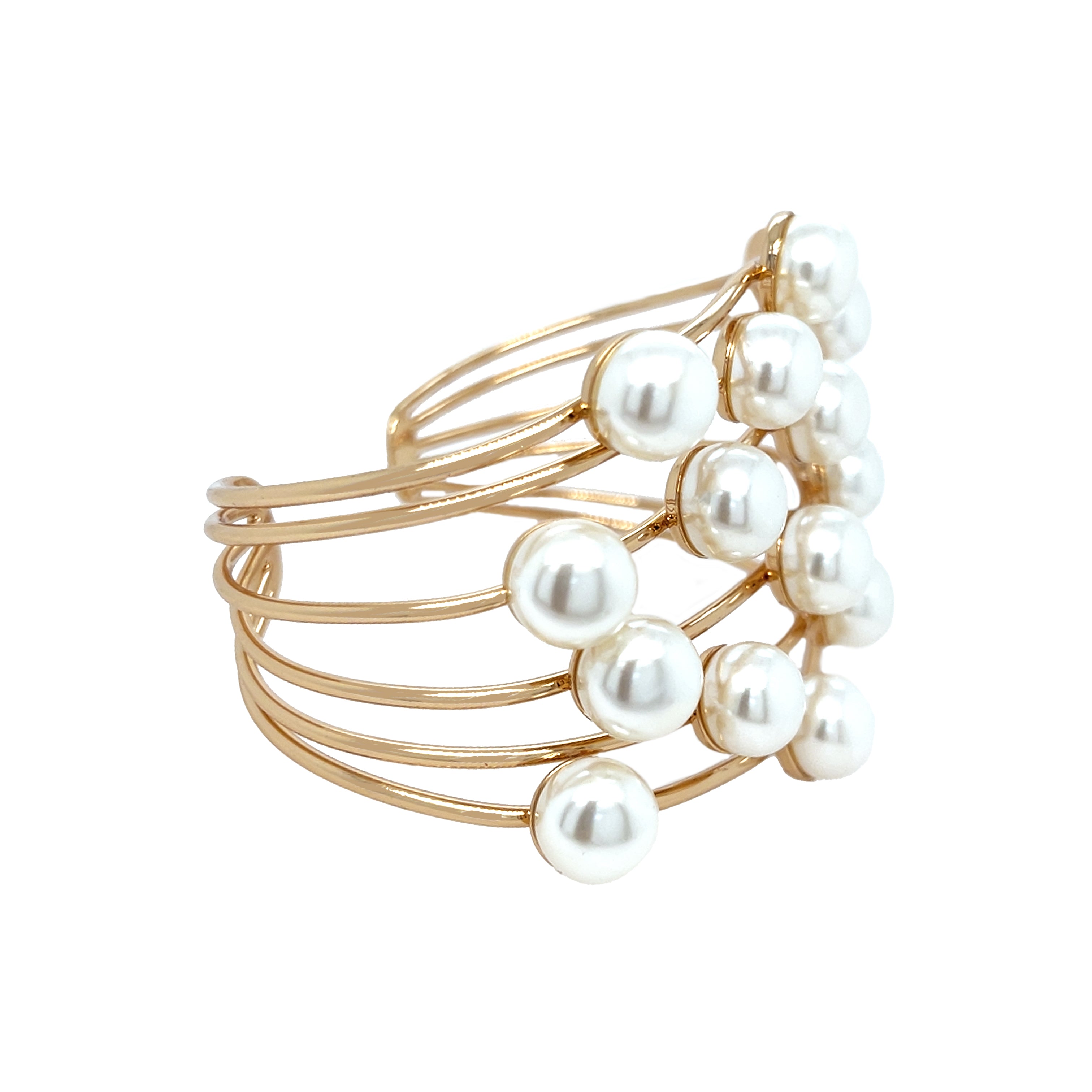Pearl Wire Cuff Bracelet
This elegant Pearl Cuff Bracelet combines the classic beauty of lustrous pearls with a modern, open cuff design. 
Yellow Gold Plated
Pearl Balls: 0.40" Wide
2.50" Width