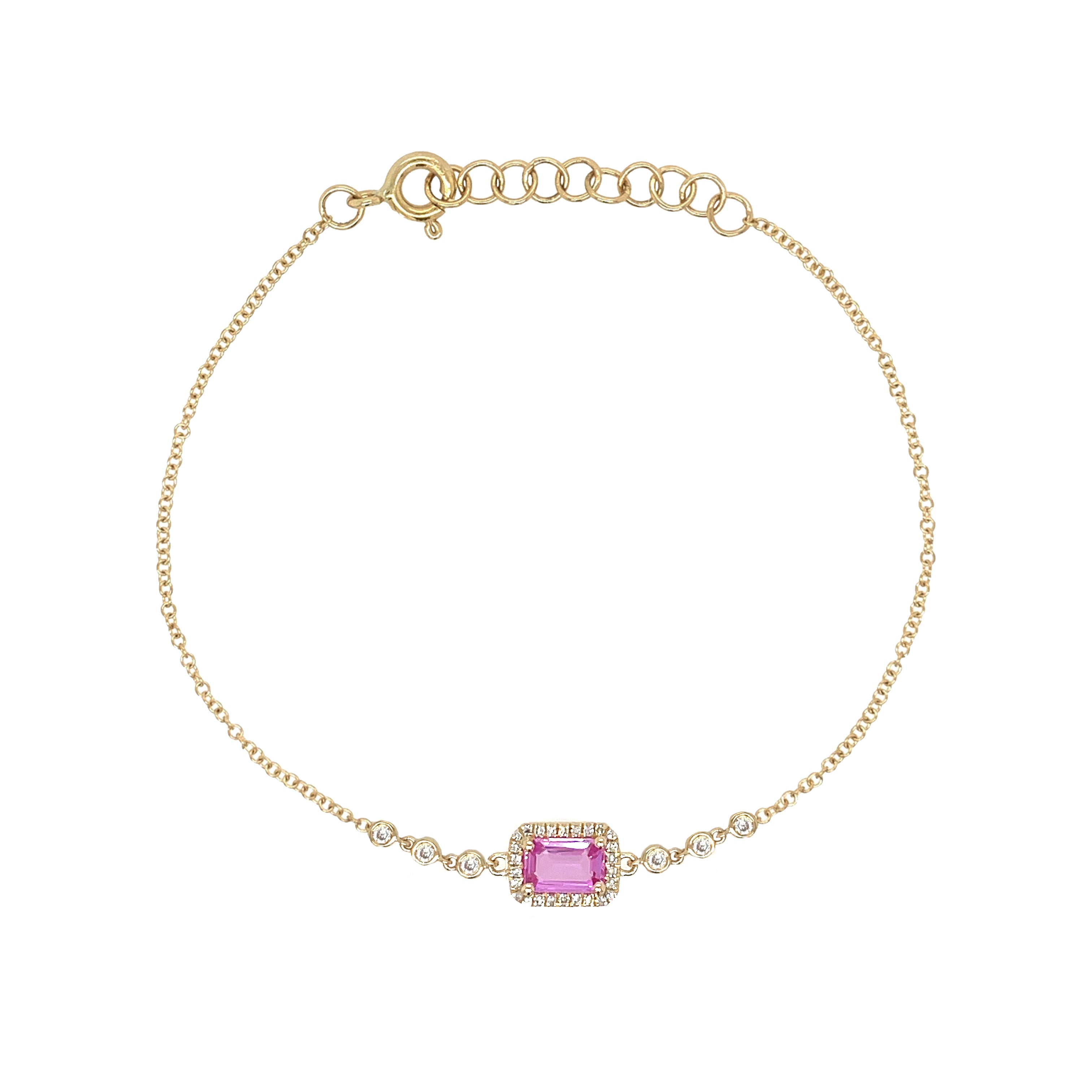 Pink Sapphire & Diamond Rectangle Chain Bracelet 14K Yellow Gold 0.58 Sapphire Carat Weight 0.18 Diamond Carat Weight 0.24" Long X 0.33" Wide 6-7" Adjustable Length