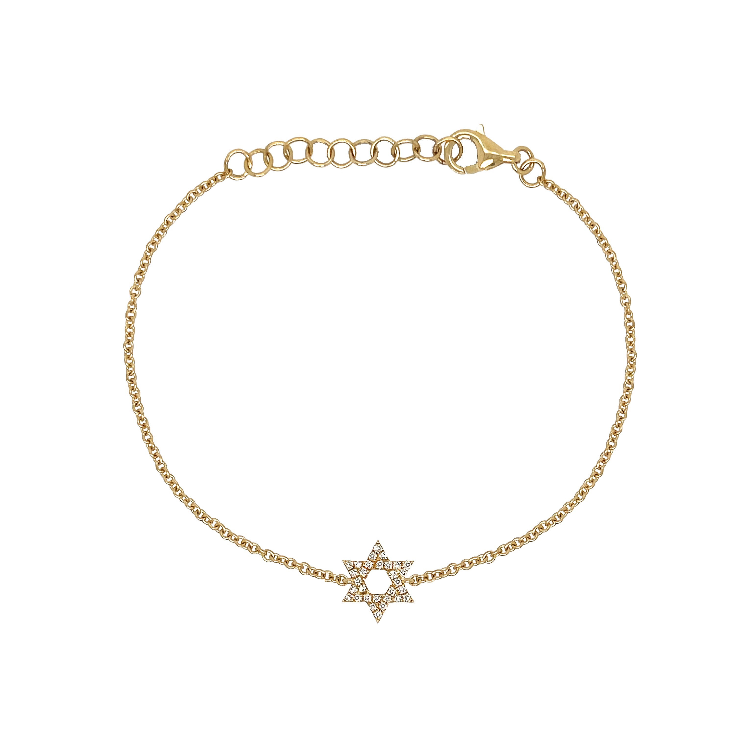 Diamond Star of David Chain Bracelet
14K Yellow Gold
0.07 Diamond Carat Weight
Star: 0.36" Diameter
6-7" Adjustable Length