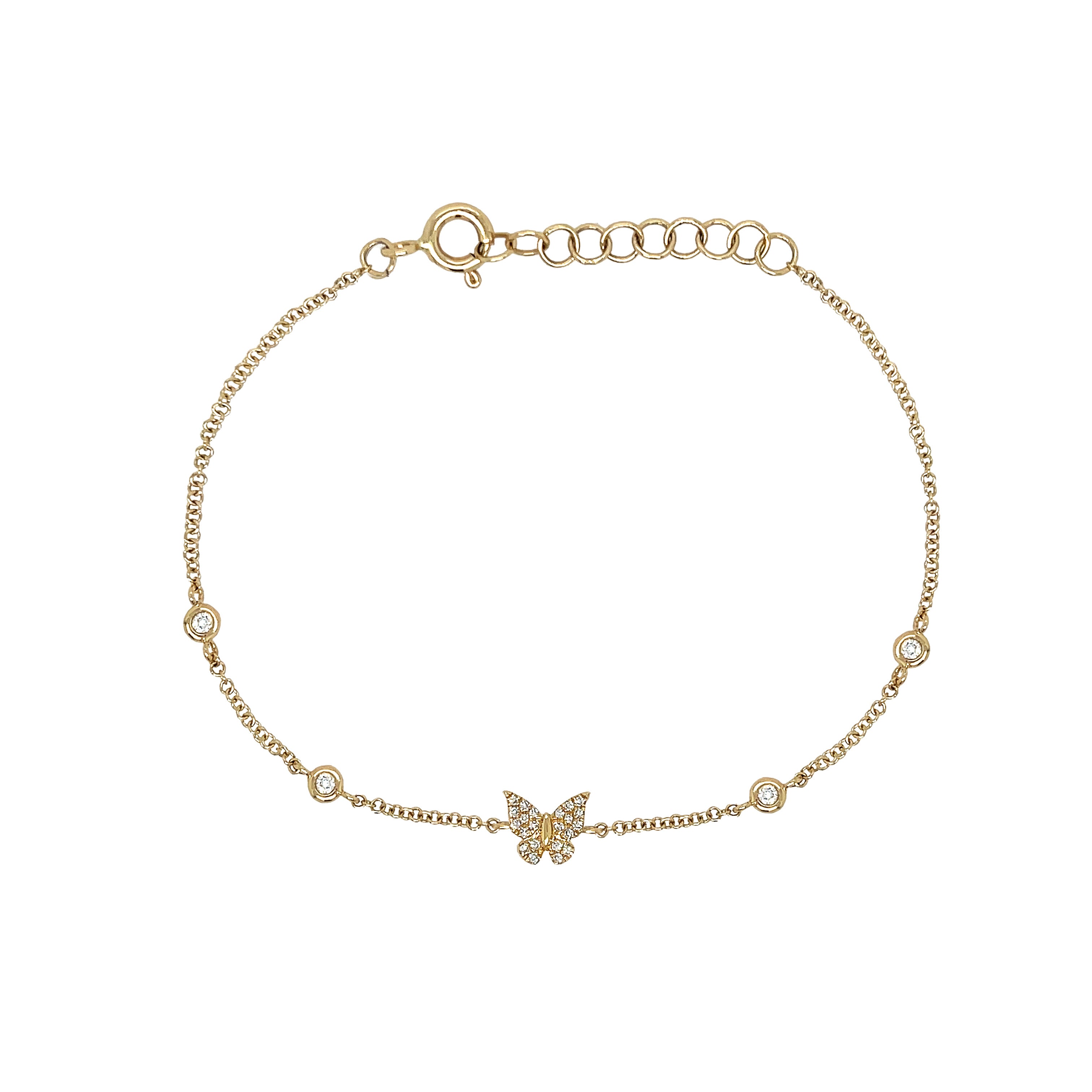 Diamond Bezel & Butterfly Chain Bracelet
Add some sparkle to your outfit with our Diamond Butterfly Bracelet! This playful piece features shimmering diamonds and a delicate butterfly design, perfect for adding a touch of whimsy to your look.
14K Yellow Gold
0.11 Diamond Carat Weight
Butterfly: 0.23" Long X 0.24" Wide
Bezels: 0.11" Wide