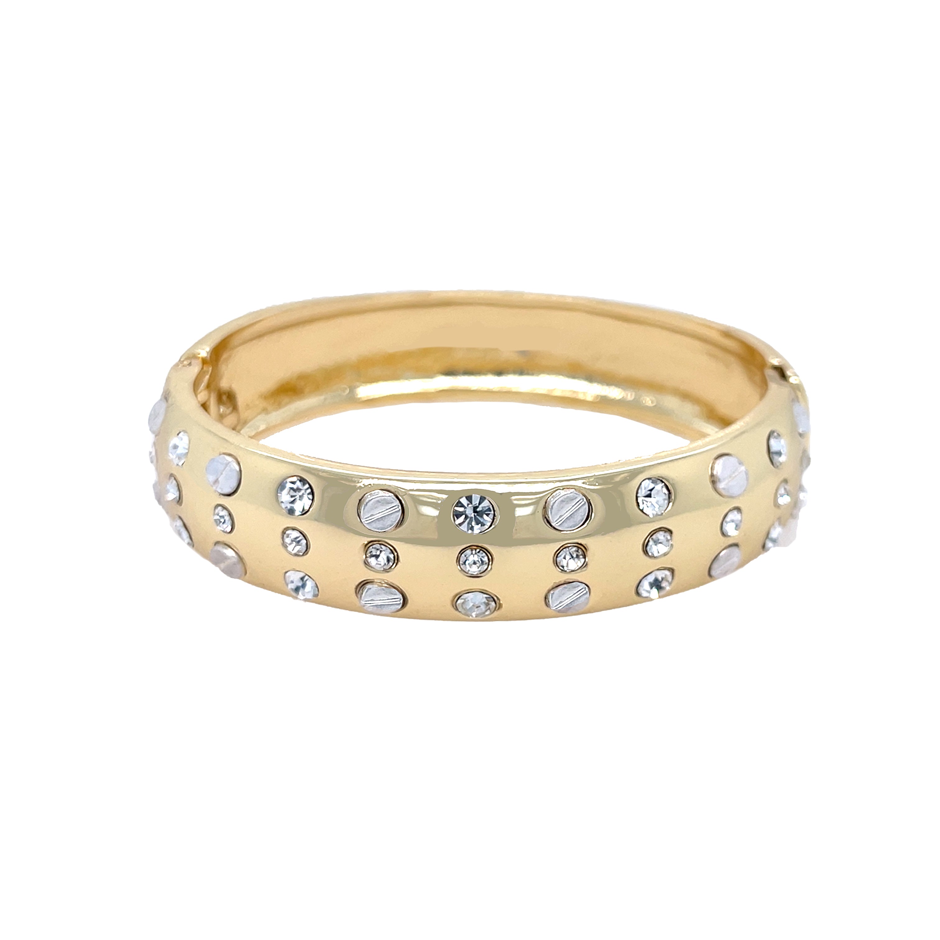 Multi CZ & Nail Head Bangle Bracelet
Add a playful twist to your outfit with our Nail Head Bangle Bracelet. This chunky bangle features unique nail head details that make a bold statement. 
Yellow Gold Plated
0.57" Wide