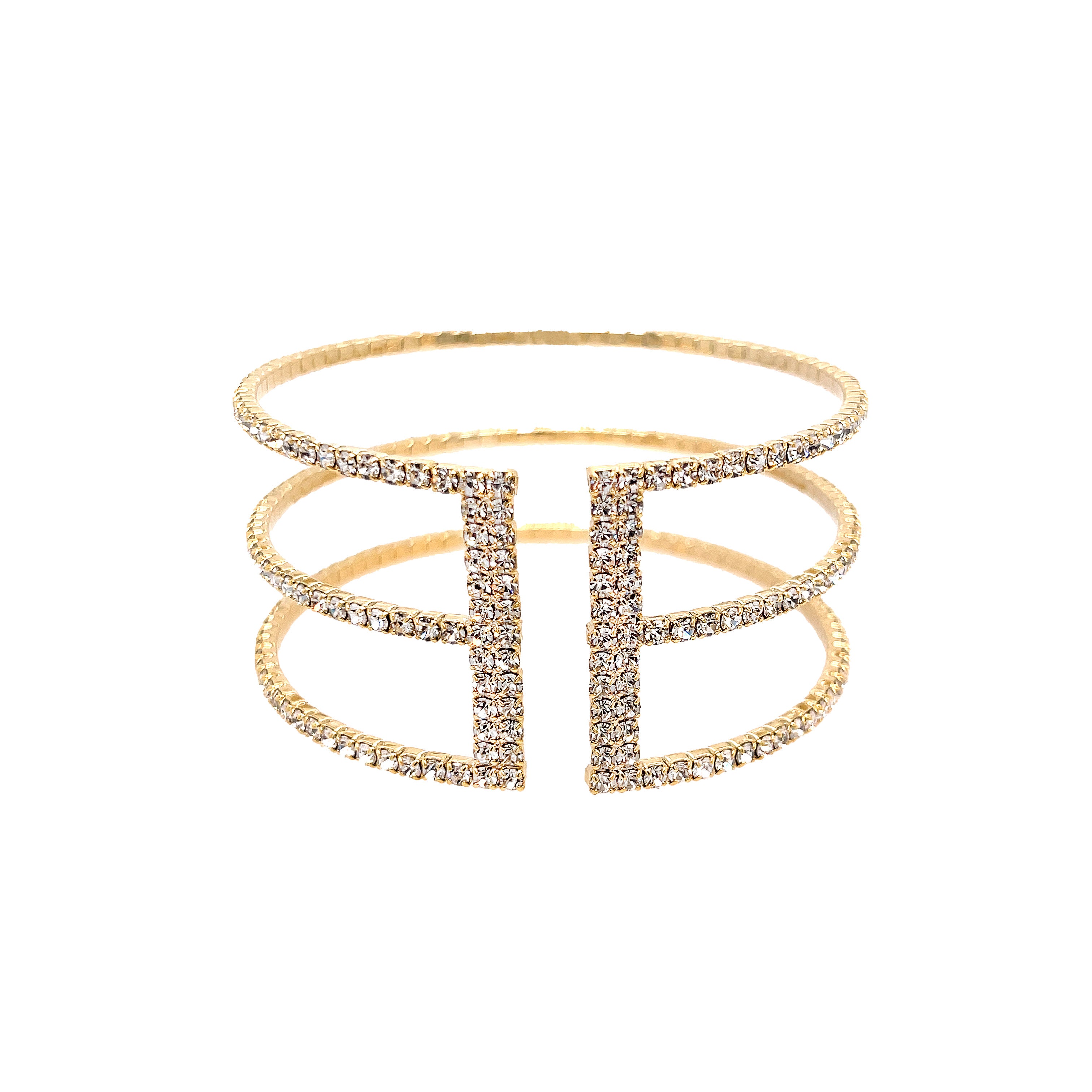 CZ Open Multi-Row Cuff Bracelet Yellow Gold Plated 1.12" Long