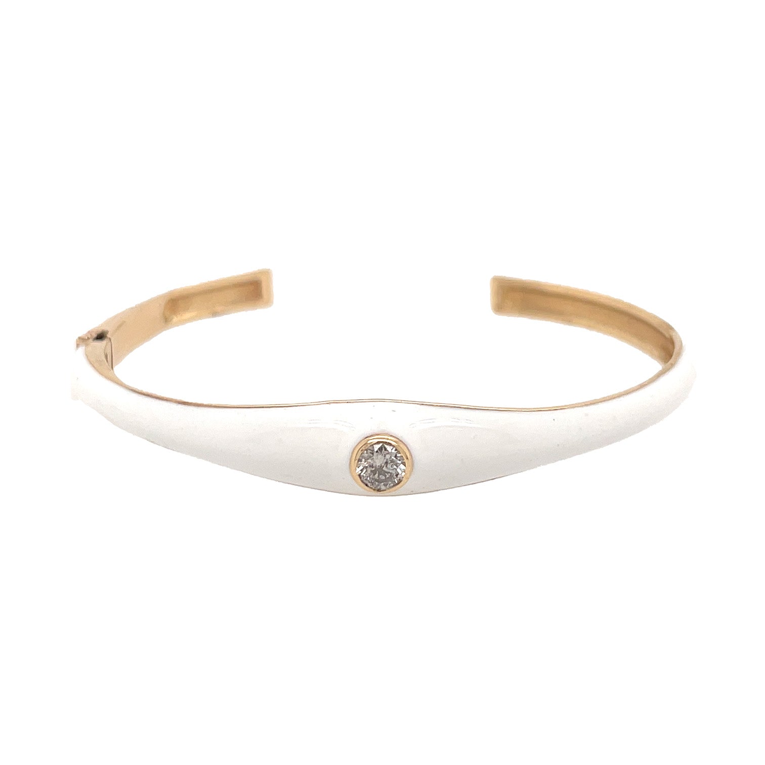 Diamond Bezel White Enamel Bangle Bracelet 14K Yellow Gold 2.40" Length x 2.00" Width 0.34" Thick