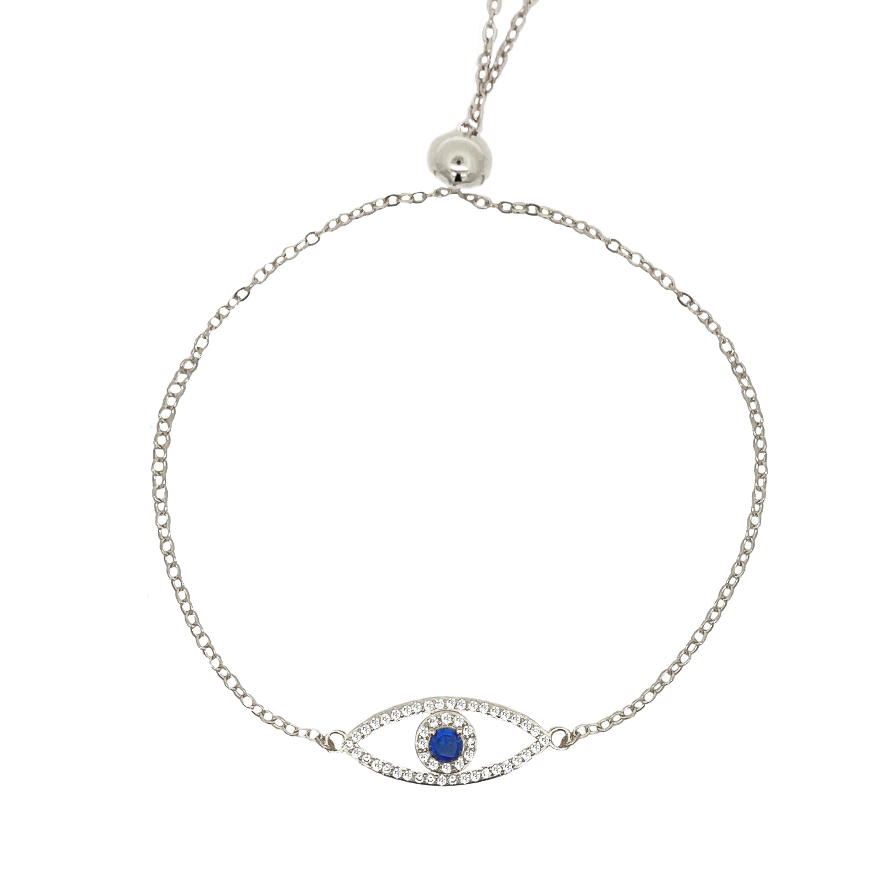 Pave CZ Evil Eye Adjustable Bolo Bracelet White Gold Plated Over Silver Eye: 0.35" Long X 1.02" Wide While supplies last. All Deals Of The Day sales are FINAL SALE.