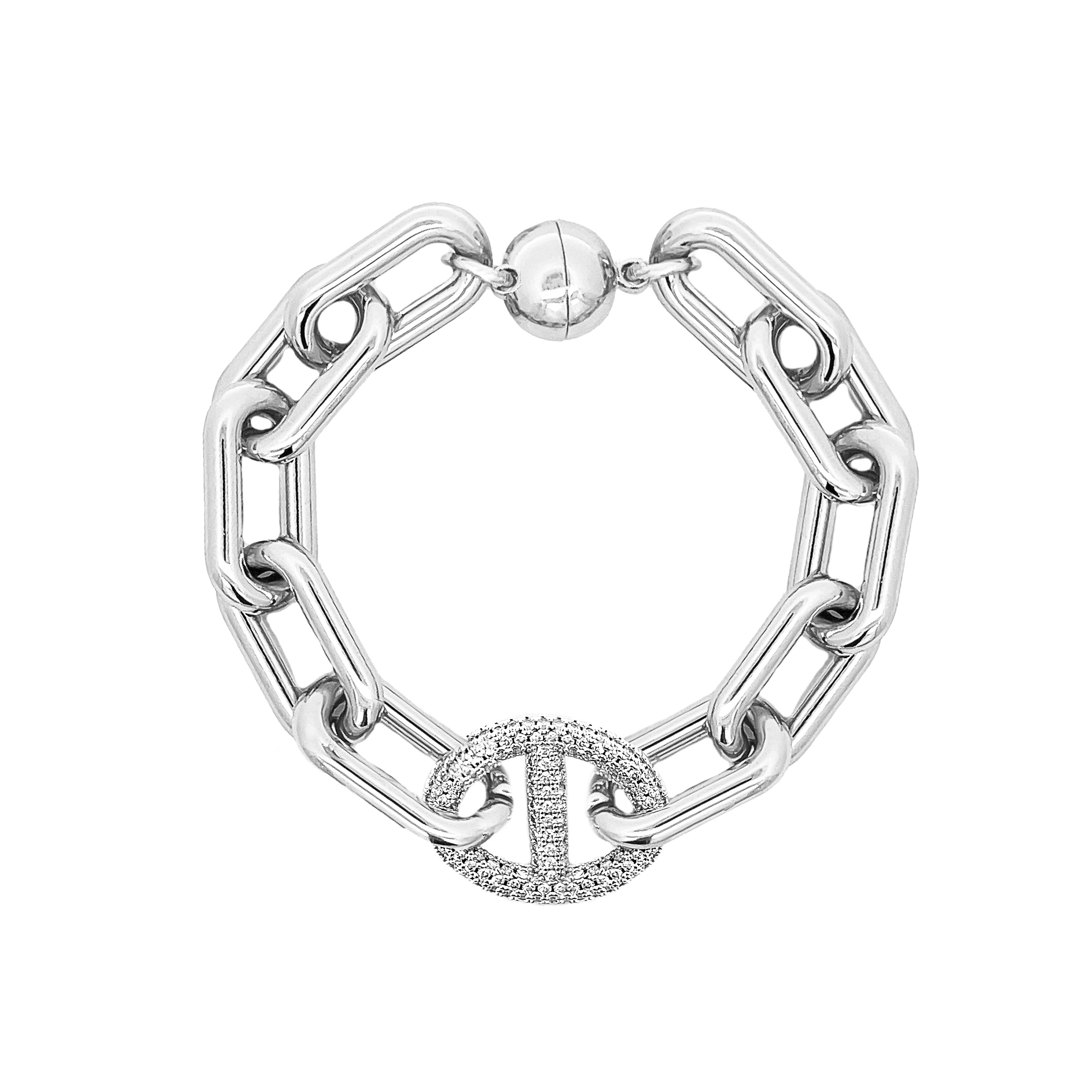 Pave CZ Mariner Chain Link Bracelet White Gold Plated 7.5" Length Center Link: 0.68" Long X 0.83" Wide