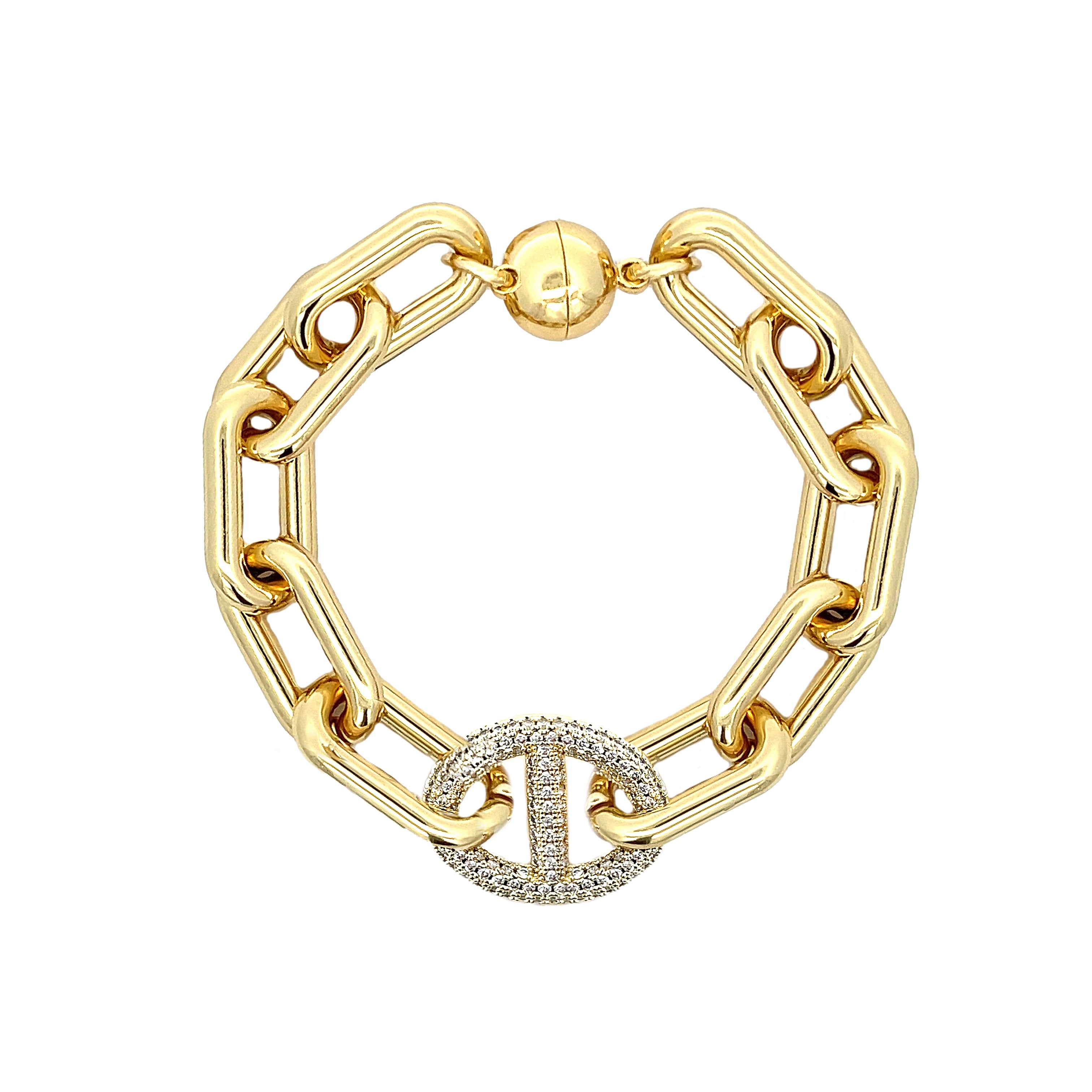 Pave CZ Mariner Chain Link Bracelet Yellow Gold Plated 7.5" Length Center Link: 0.68" Long X 0.83" Wide