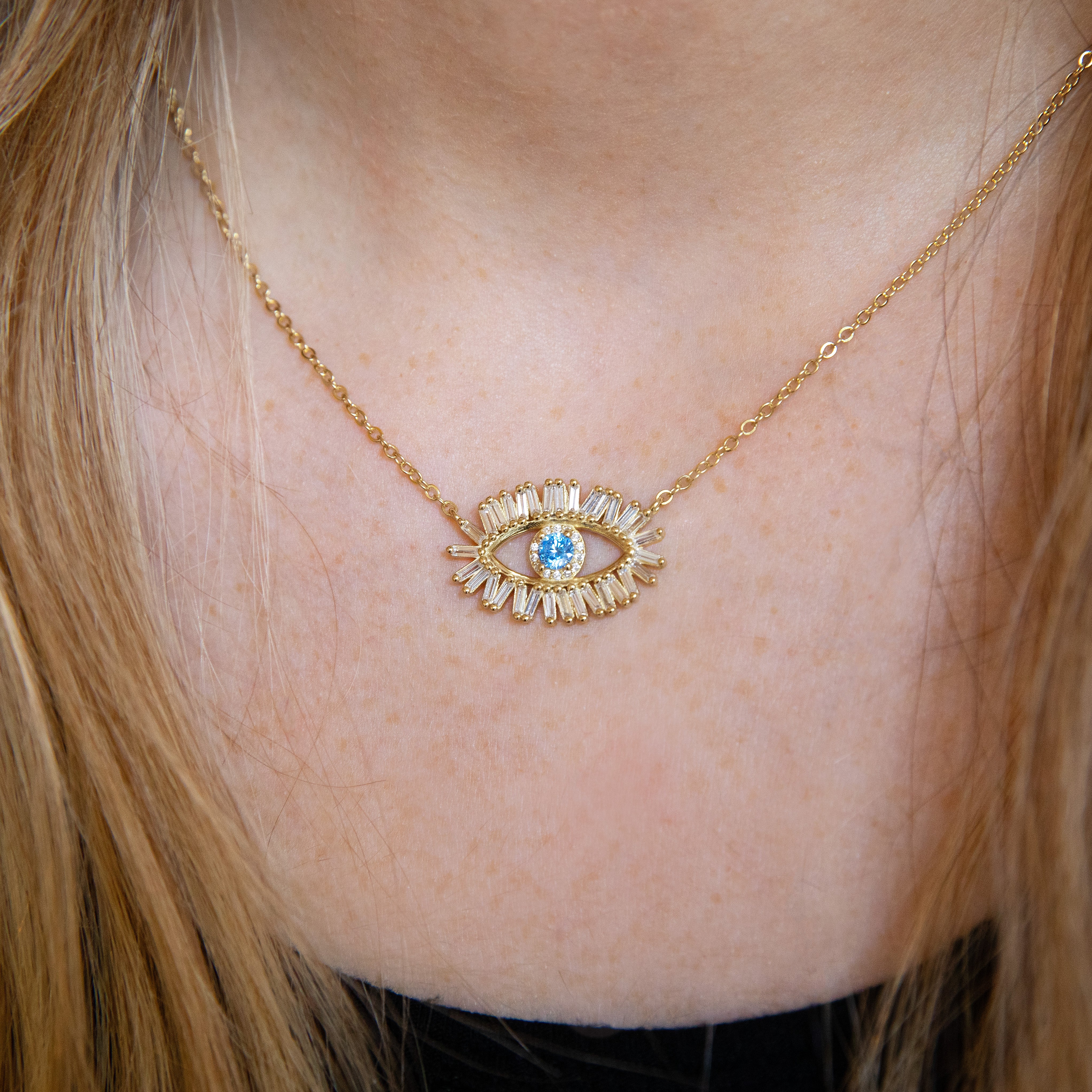 Baguette CZ Evil Eye Chain Necklace Yellow Gold Plated Over Silver Eye: 1" Long X 0.60" Wide 16-17.5" Adjustable Length