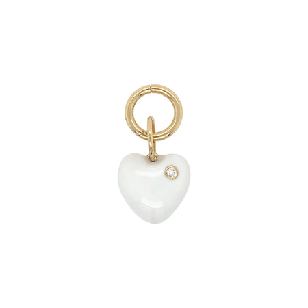 White Enamel Heart With Diamond Bezel Charm  14K Yellow Gold 0.50" Wide