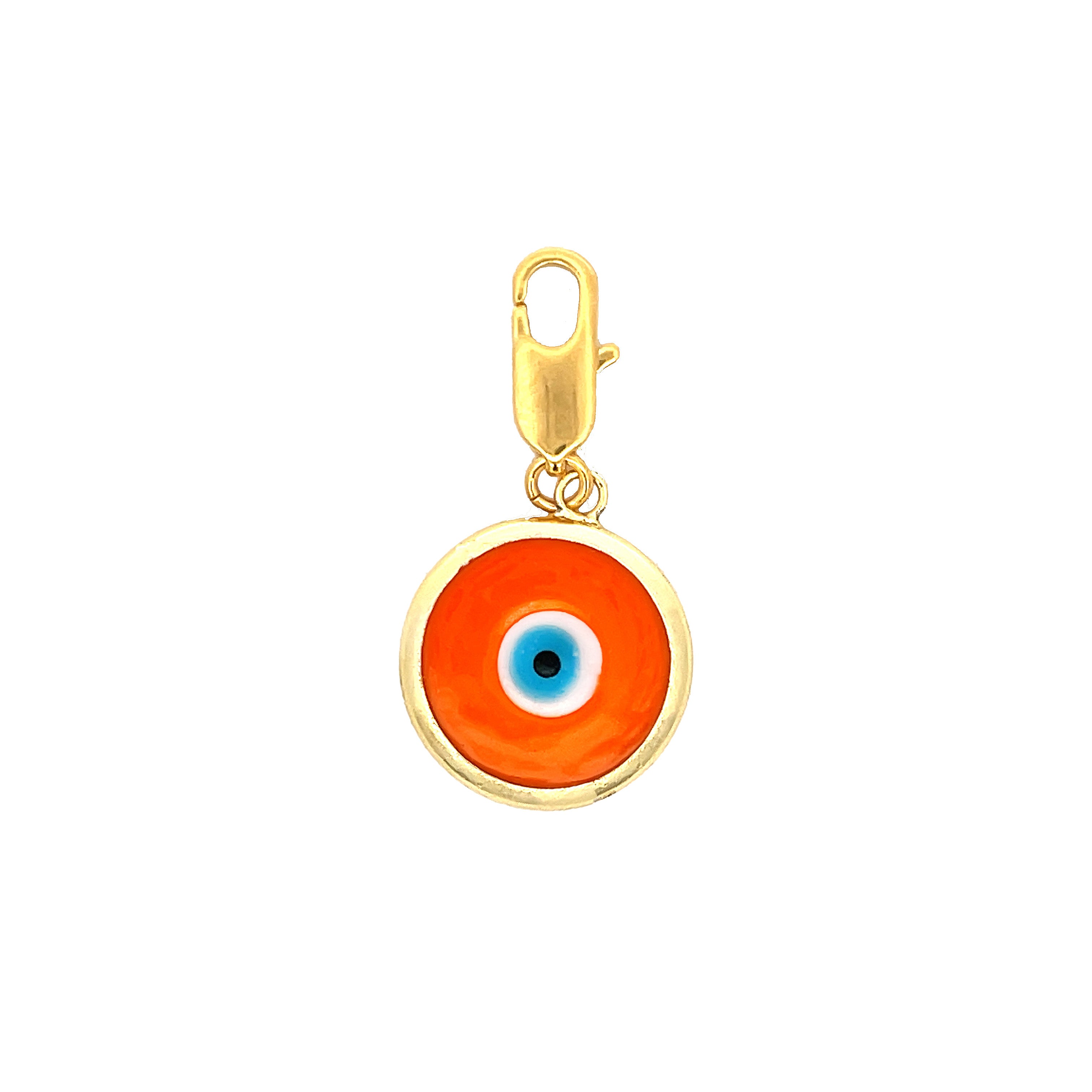 <p>Orange Evil Eye Charm </p> <ul> <li>Yellow Gold Plated</li> <li>0.84" Diameter</li> </ul>