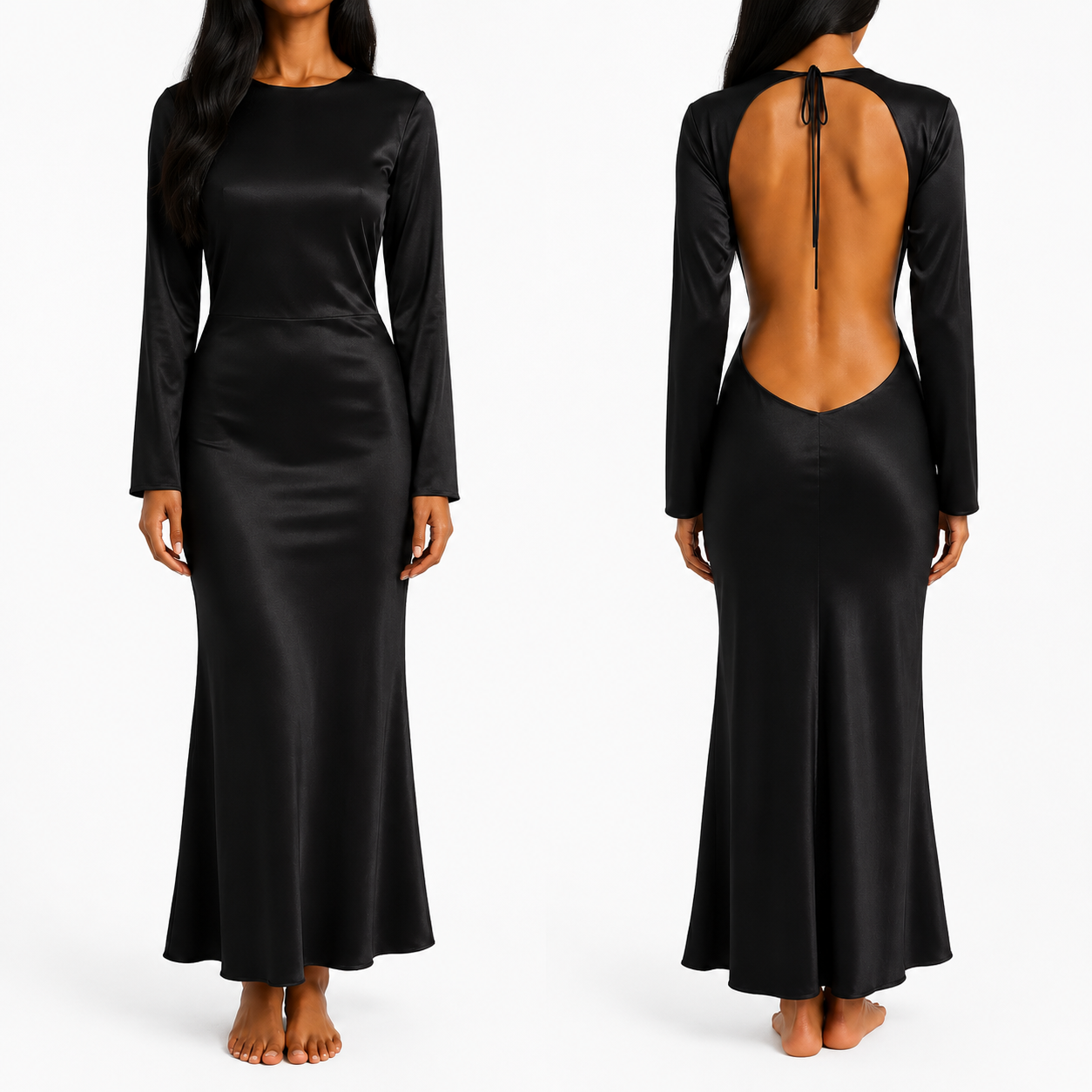 Black Satin Crepe Long Sleeve Backless Dress
Minimalist elegance meets statement style in this satin crepe gown, finished with a dramatic open back and delicate tie detail.
One Size
100% Satin
Hand Wash Cold
