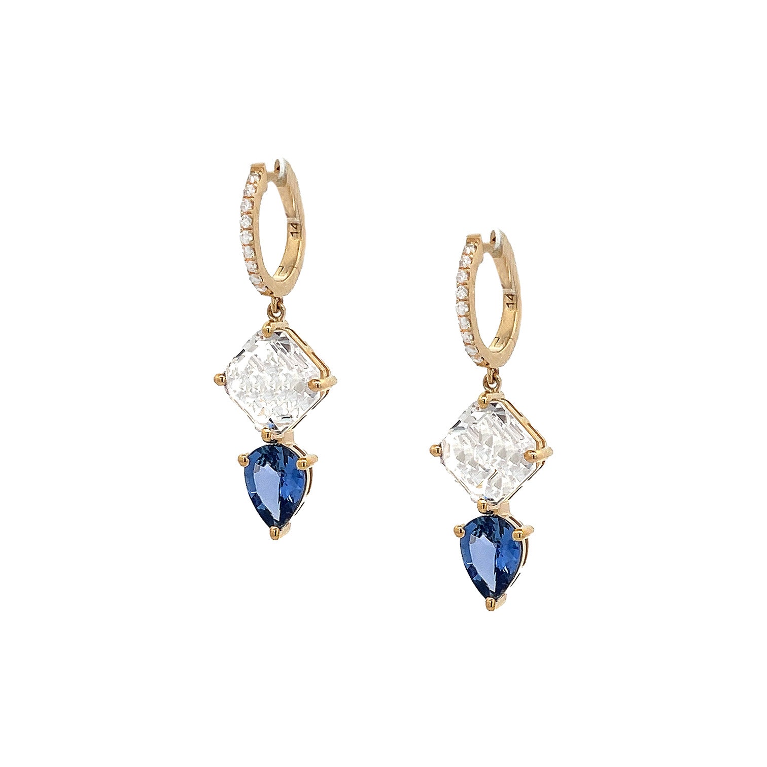 Diamond Quartz & Blue Sapphire Drop Pierced Earrings 14K Yellow Gold 0.12 Diamond Carat Weight 5.13 Quartz Carat Weight 2.63 Blue Sapphire Weight 1.25" Length X 0.40" Width