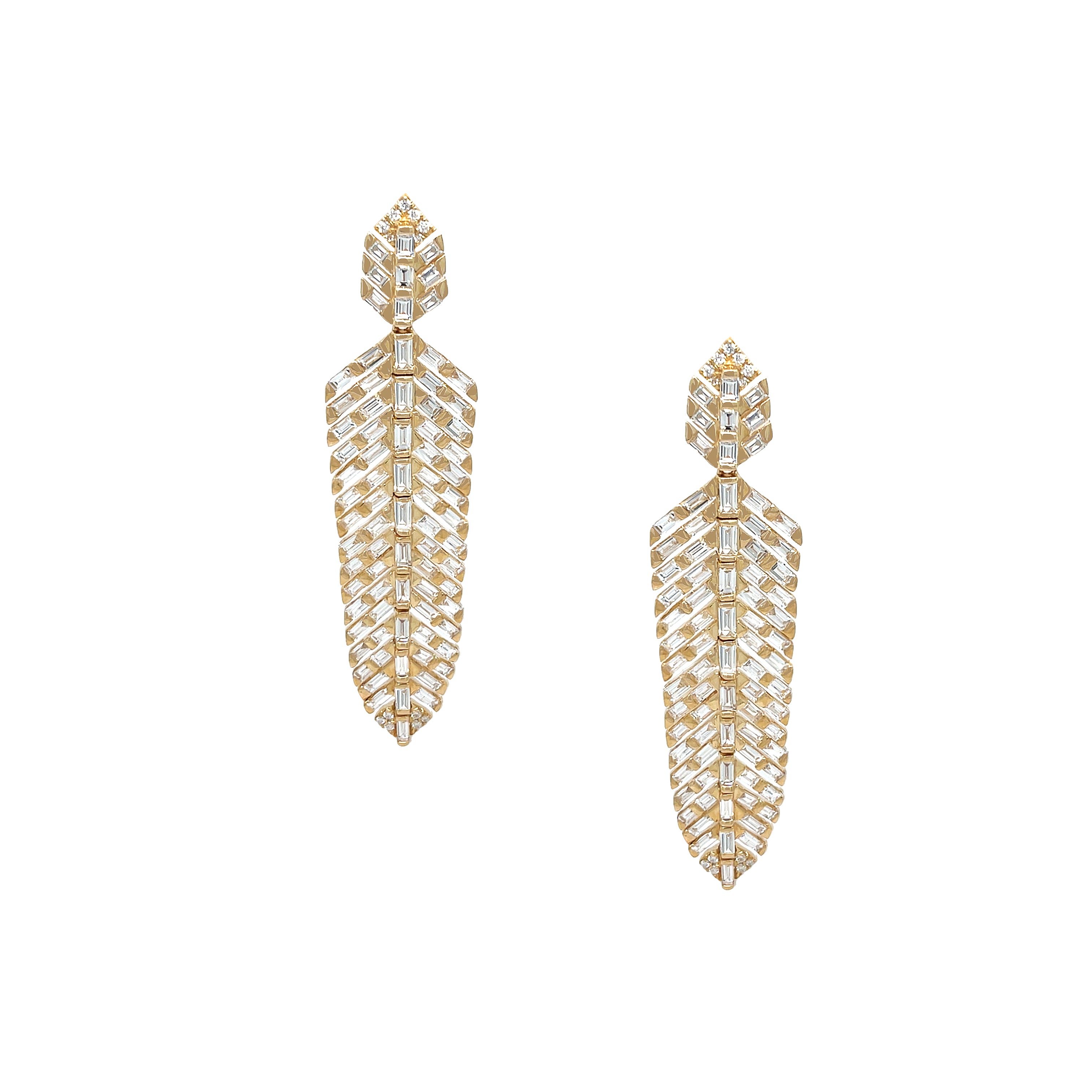 Baguette Diamond Feather Pierced Earrings
Introducing our Diamond Feather Earrings! Adorned with baguette diamonds, these earrings are more than just a fashion statement - they're a unique, art deco inspired accessory. Add a touch of elegance and personality to any outfit with these stunning feather-shaped earrings.
14K Yellow Gold
6.30 Diamond Carat Weight
2.45" Long X 0.61" Wide