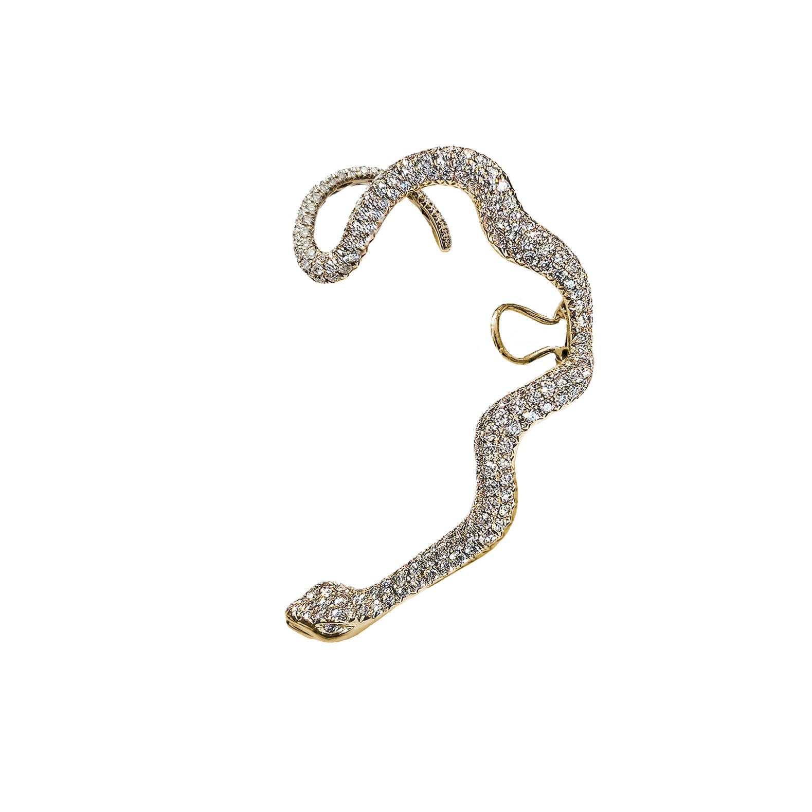 Diamond Snake Ear Cuff Earring
Sculptural snake-inspired ear cuff plated in 18K yellow gold and set with diamonds. Designed to hug the ear with a fluid, wraparound silhouette, this statement cuff adds bold sparkle with no piercing required. Wear solo or stack with studs and hoops for an elevated edge.
18K Yellow Gold
3.17 Diamond Carat Weight
Fits on left ear only.