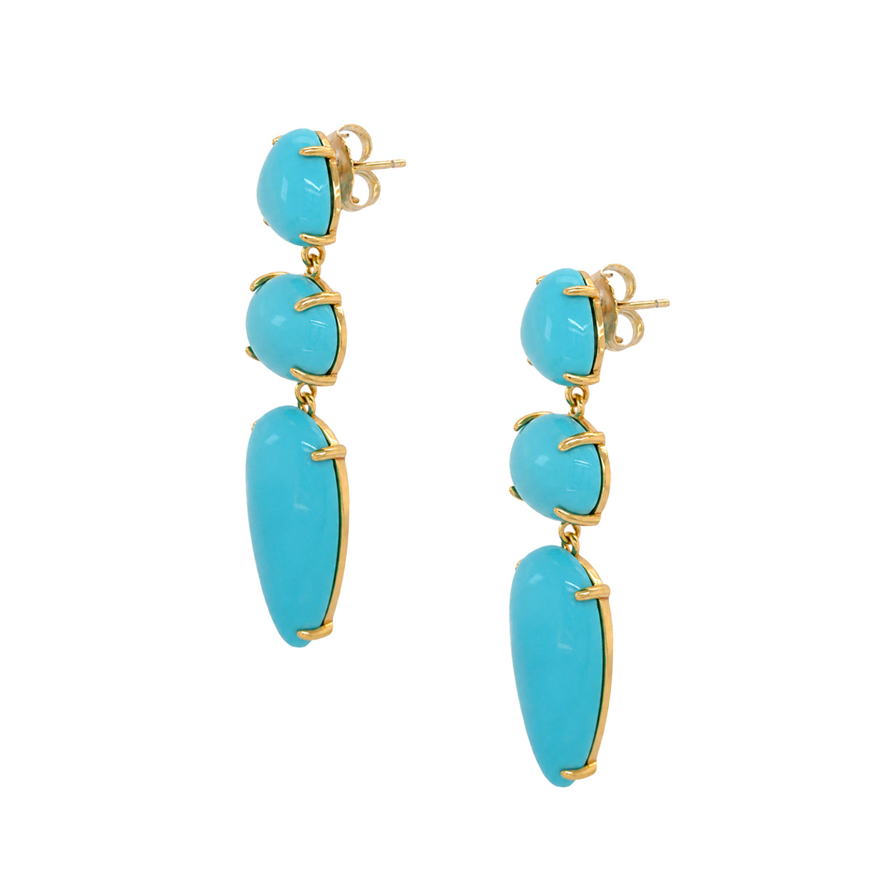 Turquoise Triple Drop Earrings
Bold color meets timeless glamour. Crafted with smooth turquoise colored stones set in yellow gold plating, these drop earrings bring a fresh, sophisticated touch to any outfit. Wear them with everything from crisp white shirts to flowing dresses.
Yellow Gold Plated
2.05" Long x 0.56"Wide
