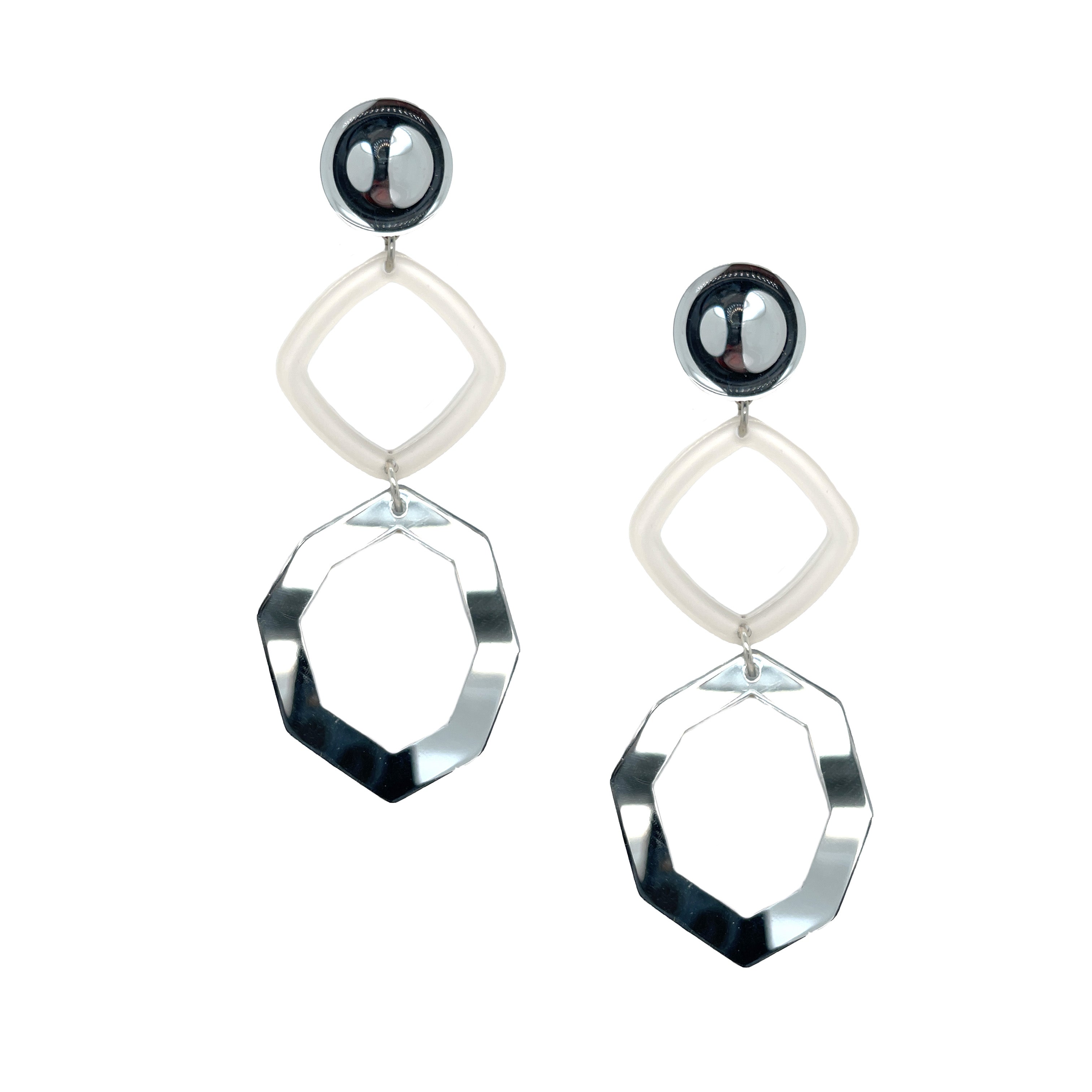 Silver Mirror White Triple Clip On Earrings
4.52" Long X 1.71" Wide