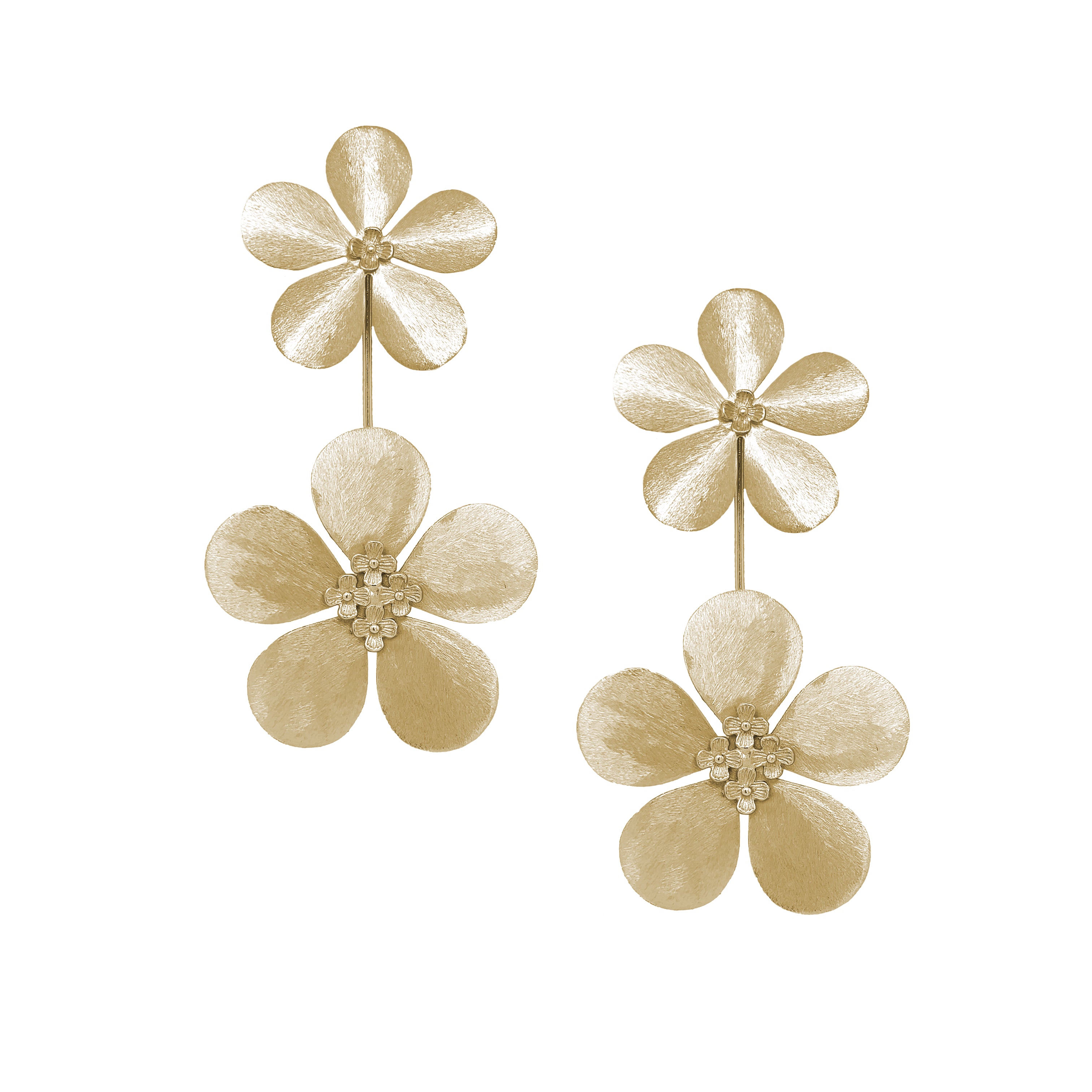 Double Flower Pierced Earrings
Elevate your look with these Double Flower Earrings, where playful florals meet refined elegance. These statement earrings offer a sophisticated charm, perfect for adding a subtle yet chic accent to your look.
Yellow Gold Plated
3.65" Long X 1.95" Wide