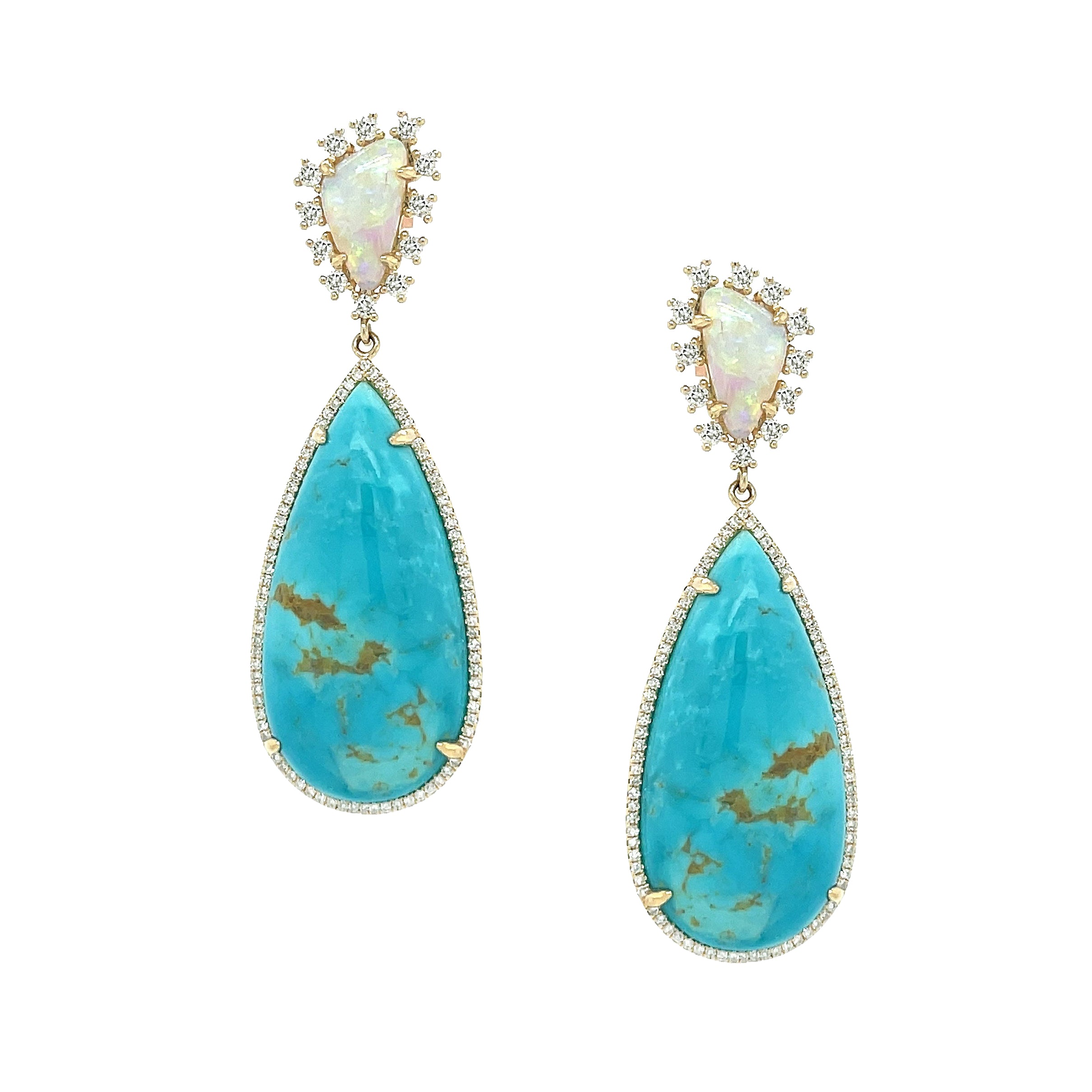 Diamond, Opal & Turquoise Tear Drop Pierced Earrings 14K Yellow Gold 2" Long X 0.68" Wide