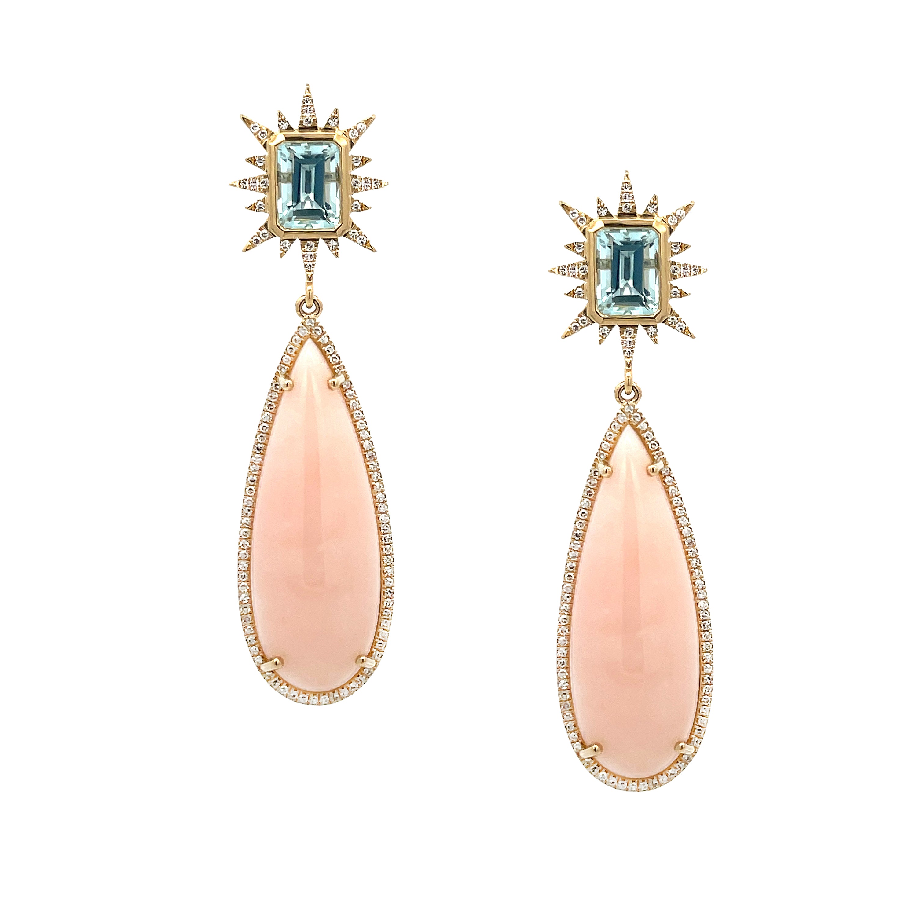 Pink Opal, Aqua & Diamond Pierced Drop Earrings 14K Yellow Gold 0.56 Diamond Carat Weight 2.01 Aqua Carat Weight 26.57 Pink Opal Carat Weight 2.18" Long X 0.57" Wide