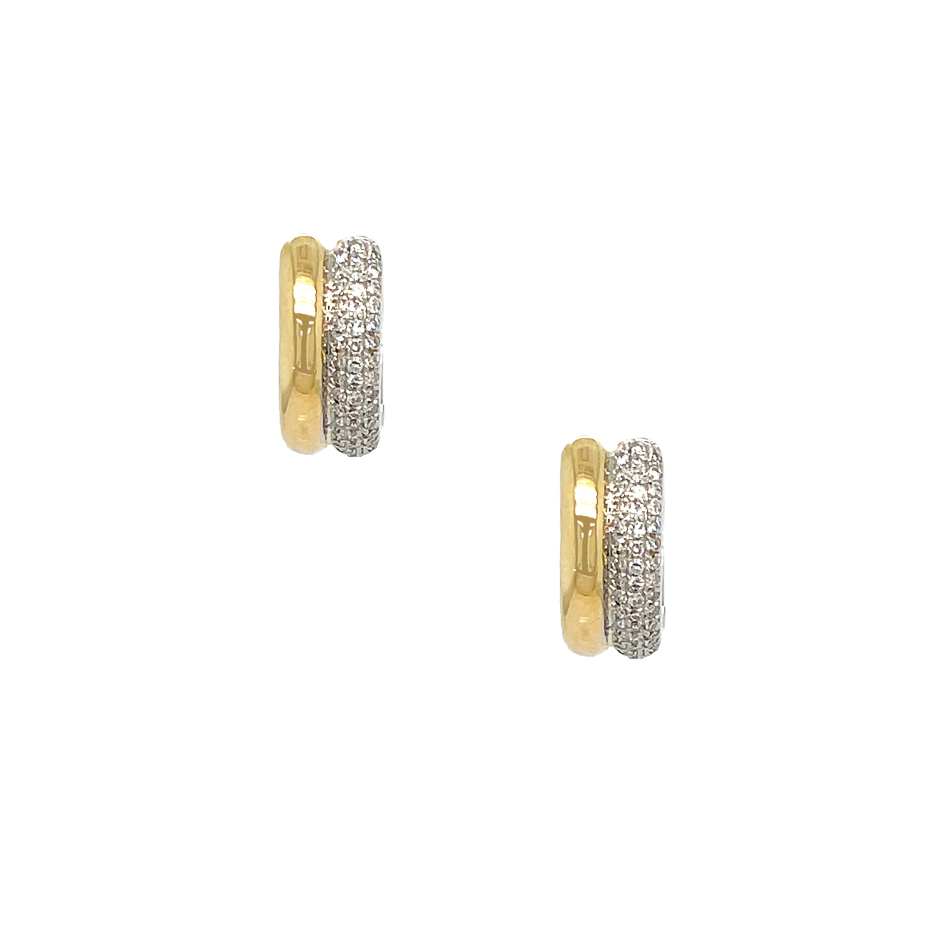 Pave Diamond Two Band Hoop Pierced Earrings  14K Yellow & White Gold  0.23 Diamond Carat Weight  0.47" Long X 0.20" Wide