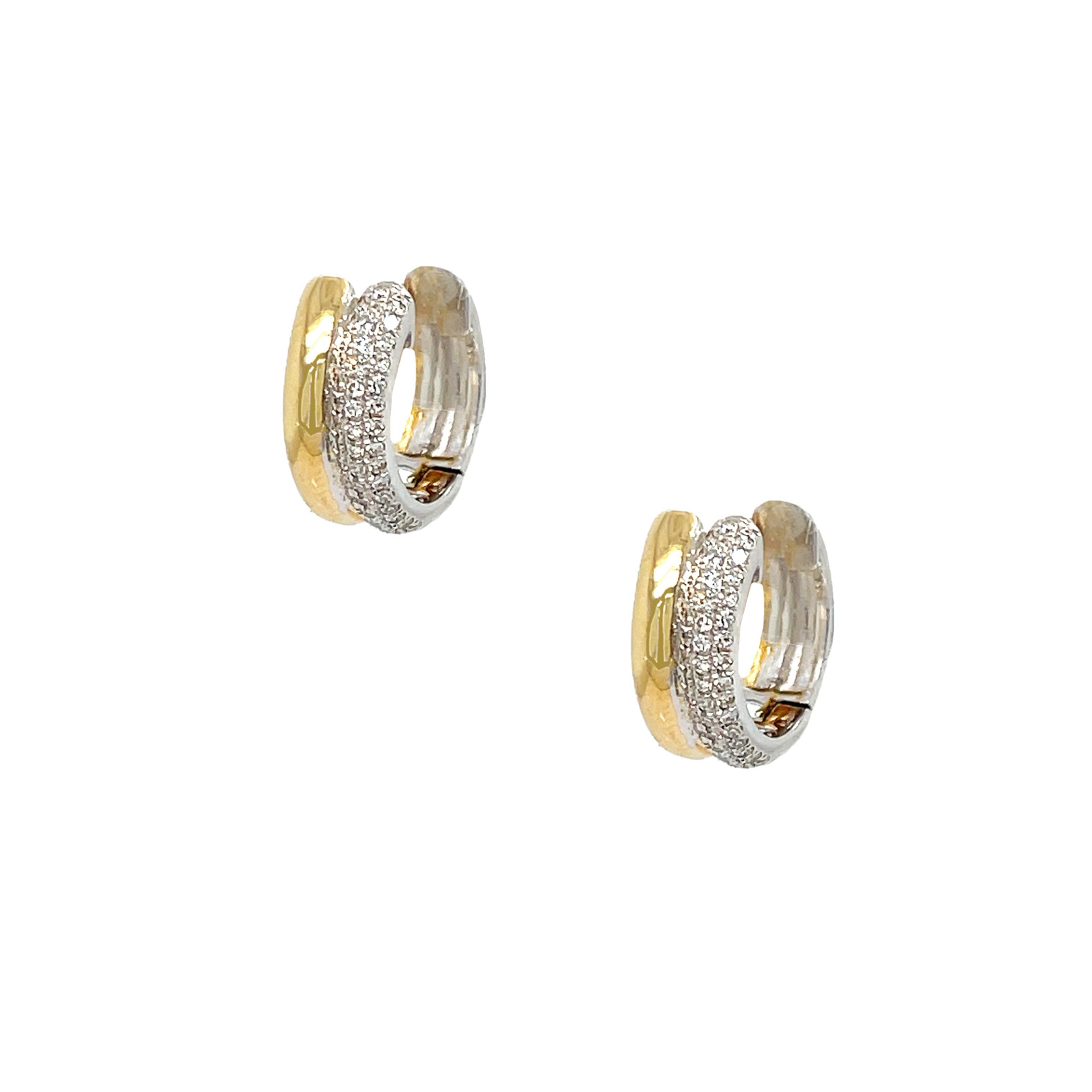 Pave Diamond Two Band Hoop Pierced Earrings  14K Yellow & White Gold  0.23 Diamond Carat Weight  0.47" Long X 0.20" Wide