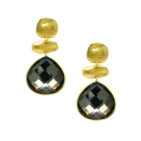 Pyrite 3 Drop Pierced Earrings  Yellow Gold Plated 1.65" Long X 0.84" Wide
