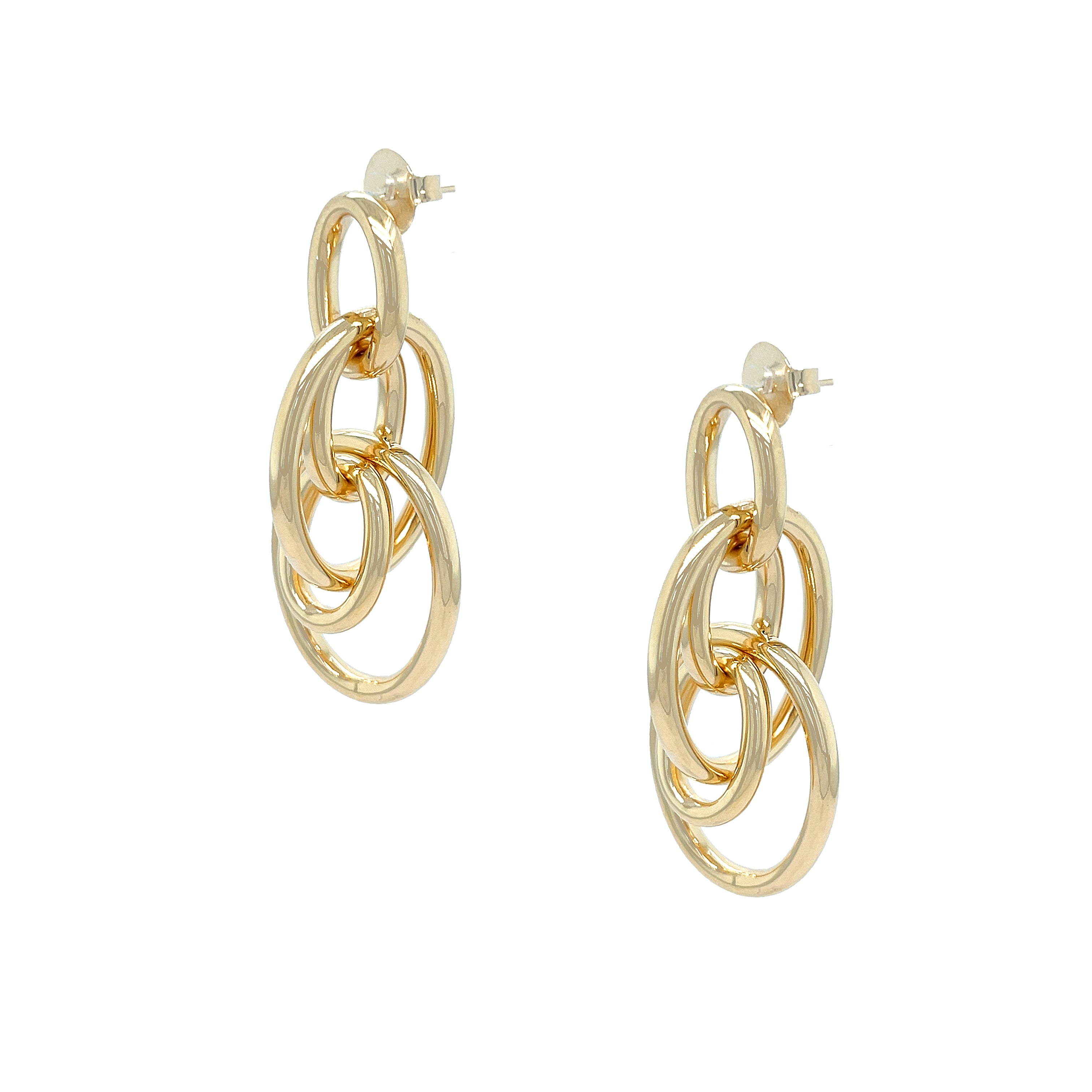Interlocking Circle Drop Pierced Earrings
Introducing our Circle Drop Earrings - the perfect blend of funky and minimal design. These earrings are sure to catch your eye and add an interesting touch to any outfit. 
Yellow Gold Plated
2.10" Long X 0.92" Wide